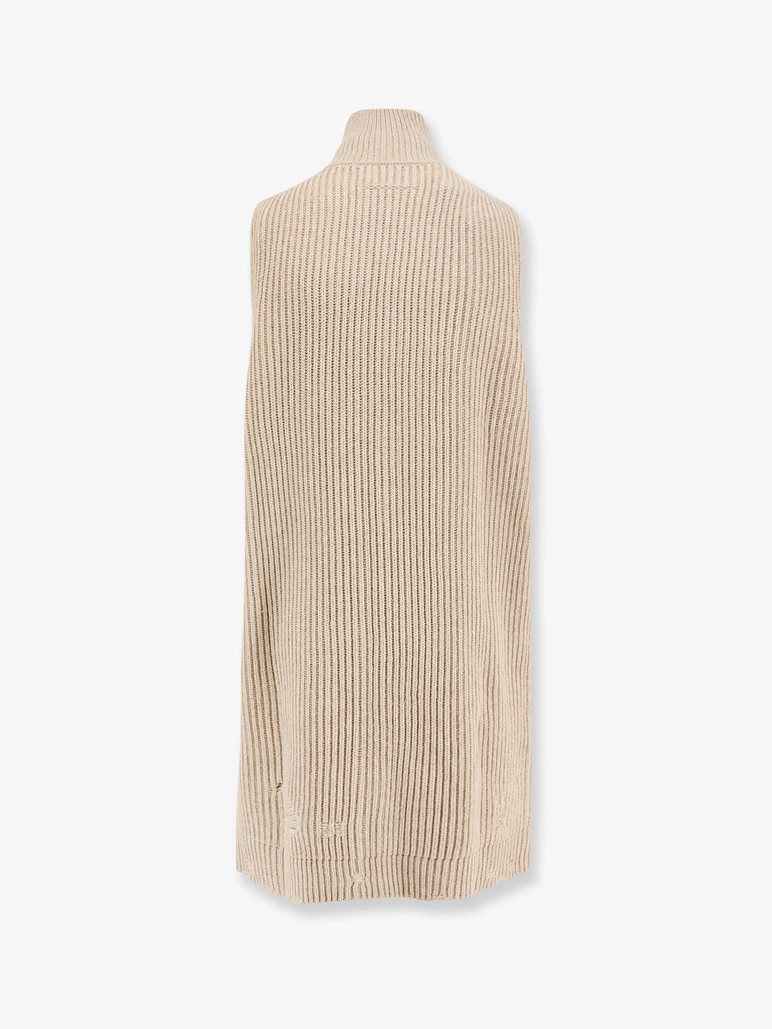 Sleeveless long wool blend cardigan with distressed effect.webp