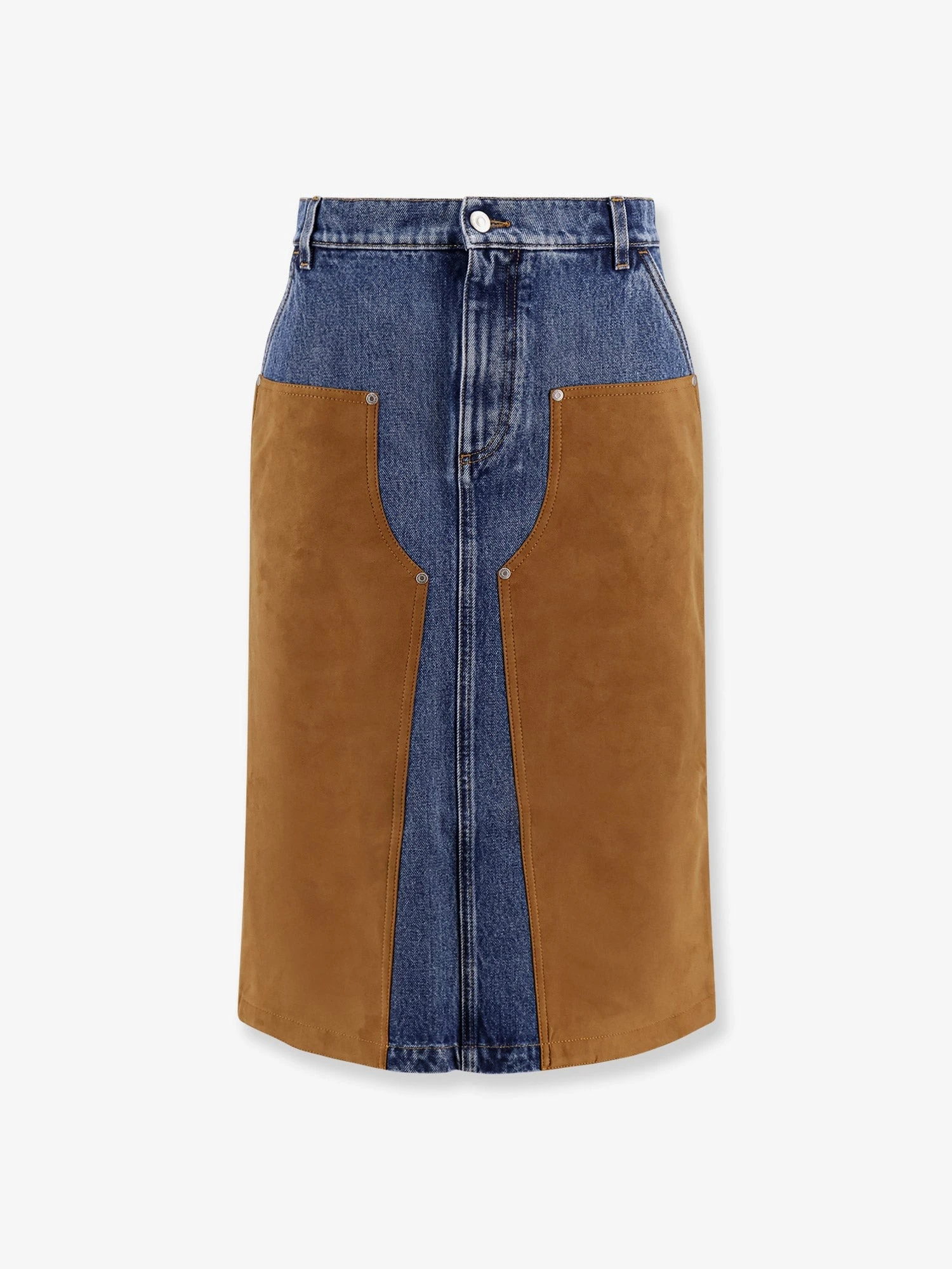 Denim skirt with suede inserts.webp