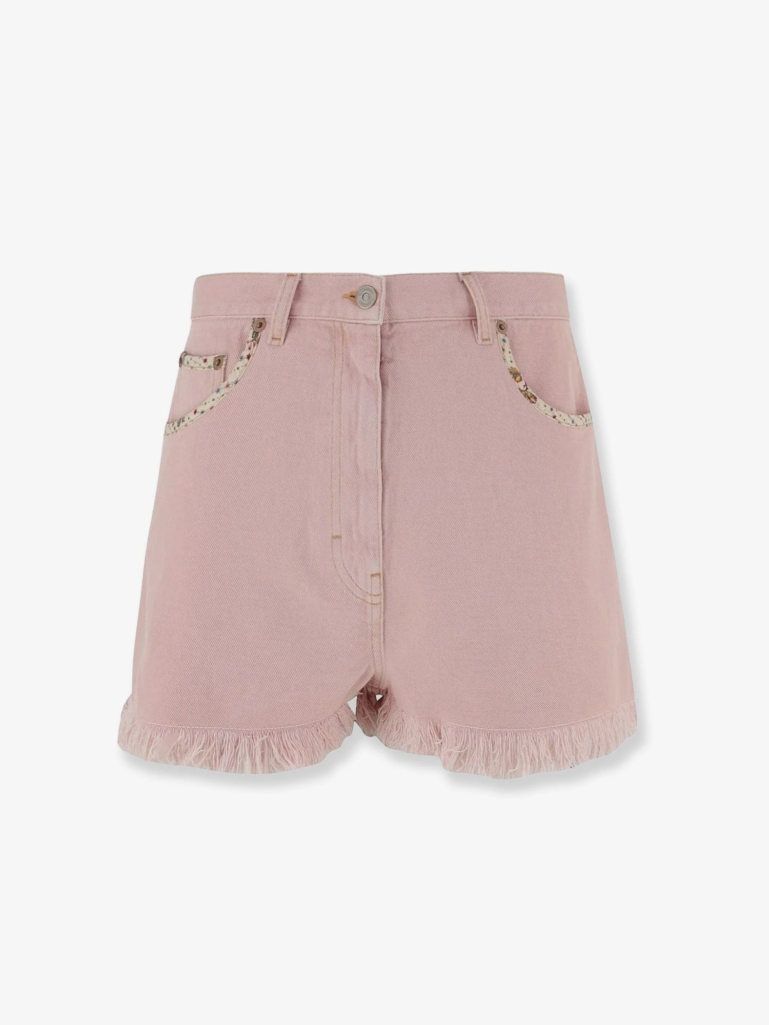 Denim shorts with frayed edges.webp