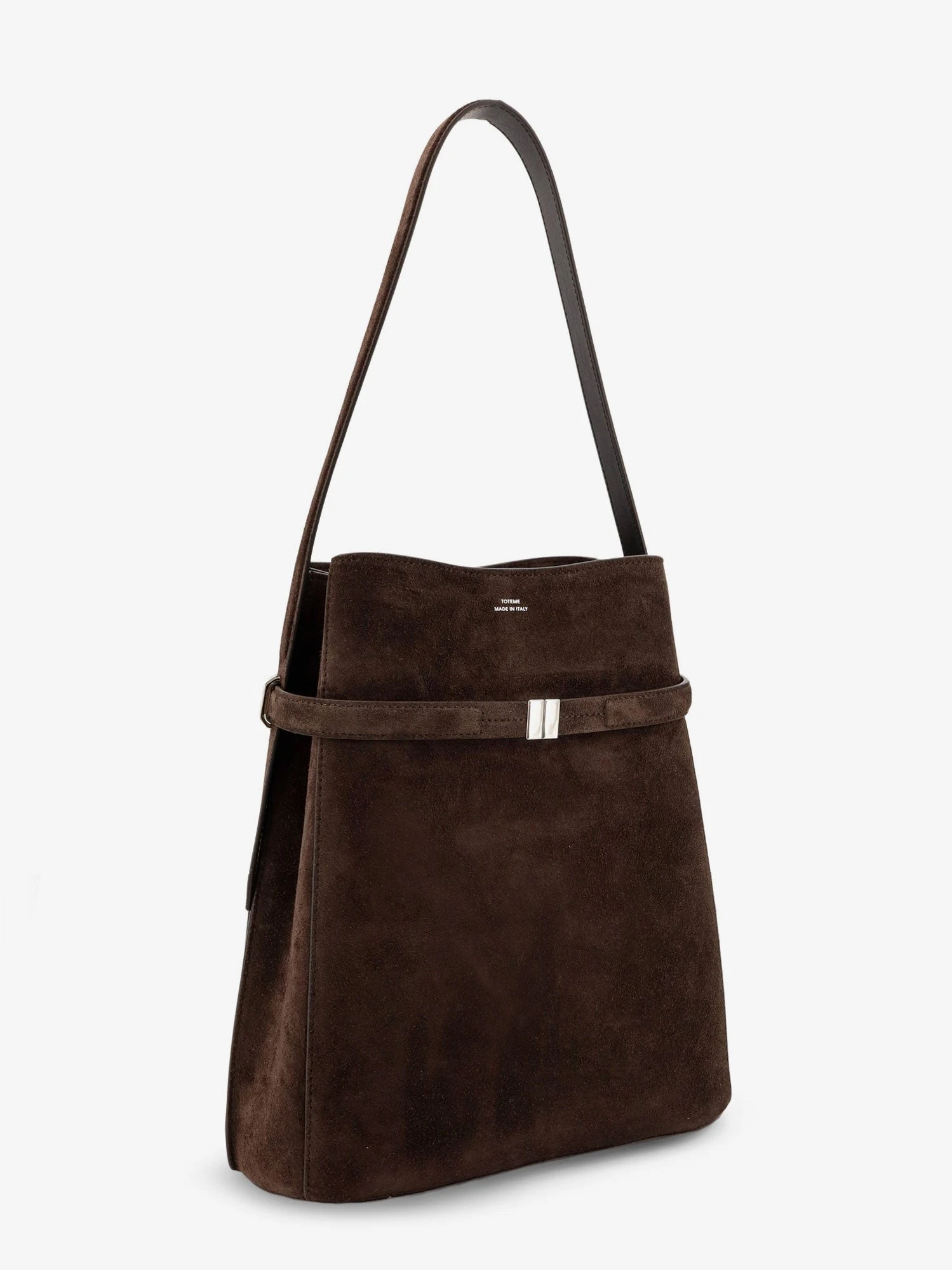 Borsa a spalla in suede con dettaglio in metallo frontale.webp