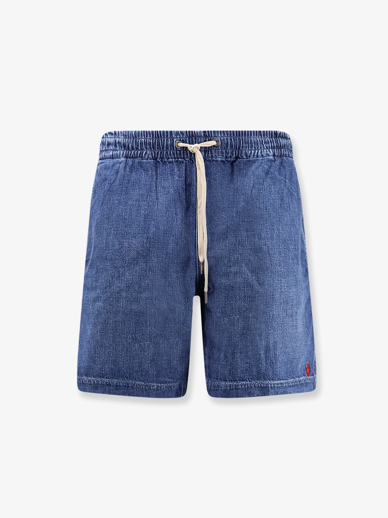 Denim Bermuda shorts with embroidered logo on the front.webp