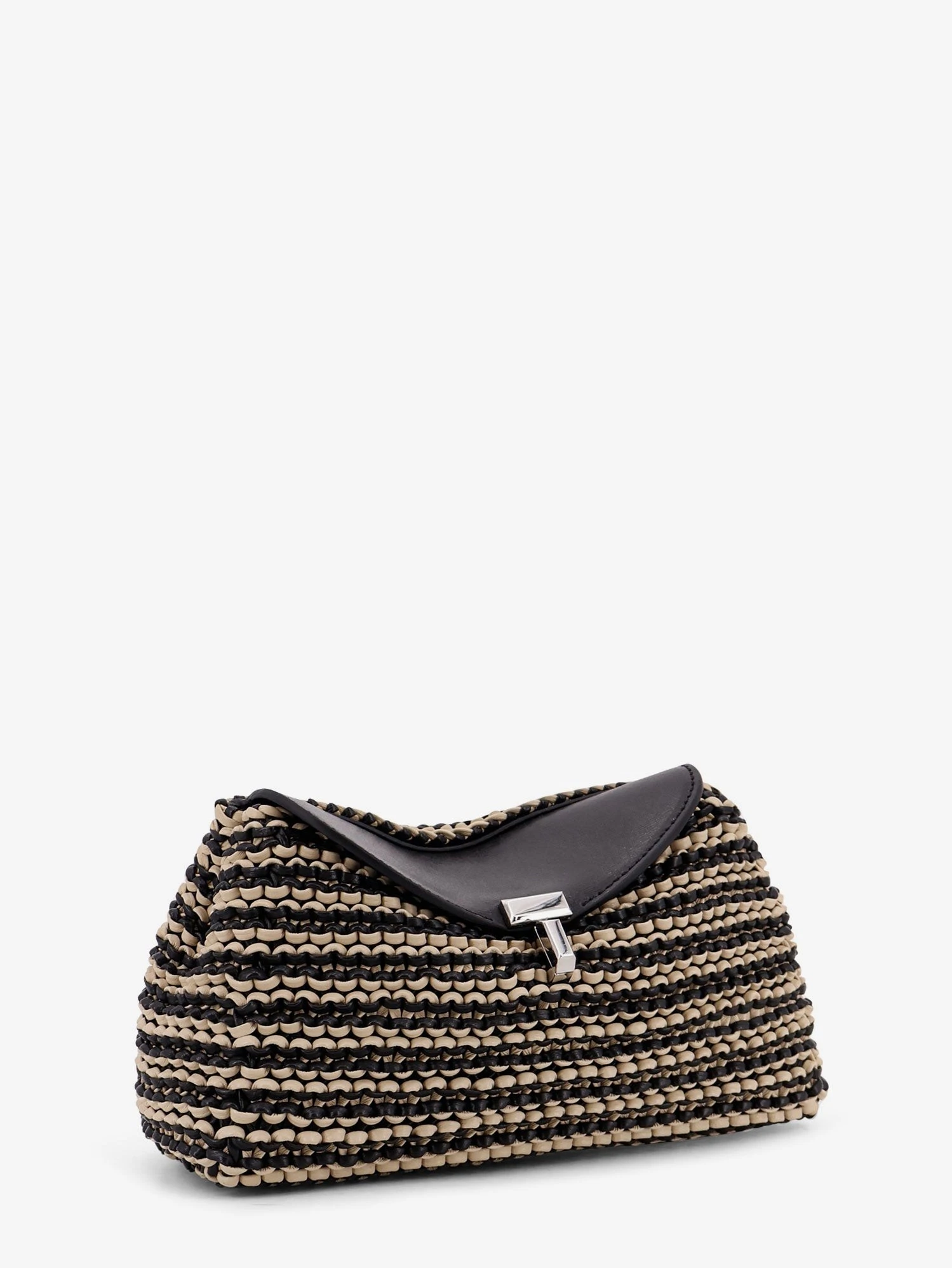 Mini T-lock clutch in leather with woven pattern.webp