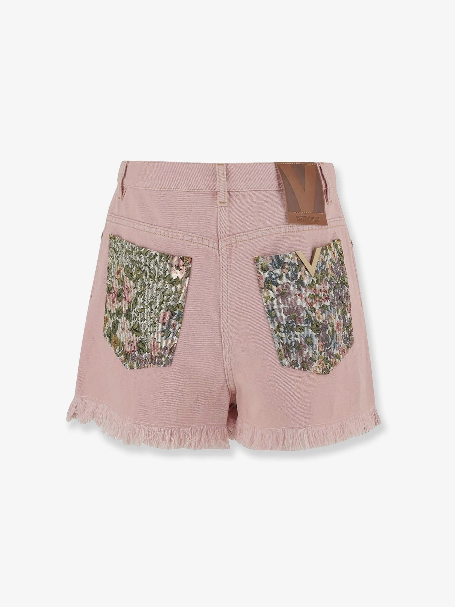 Denim shorts with frayed edges.webp