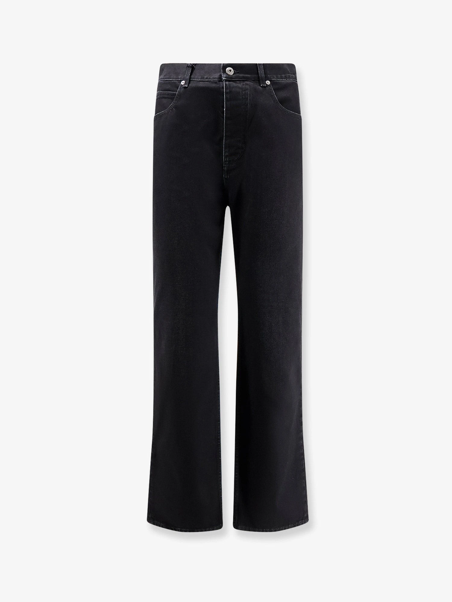 Black denim trousers with back leather patch.webp