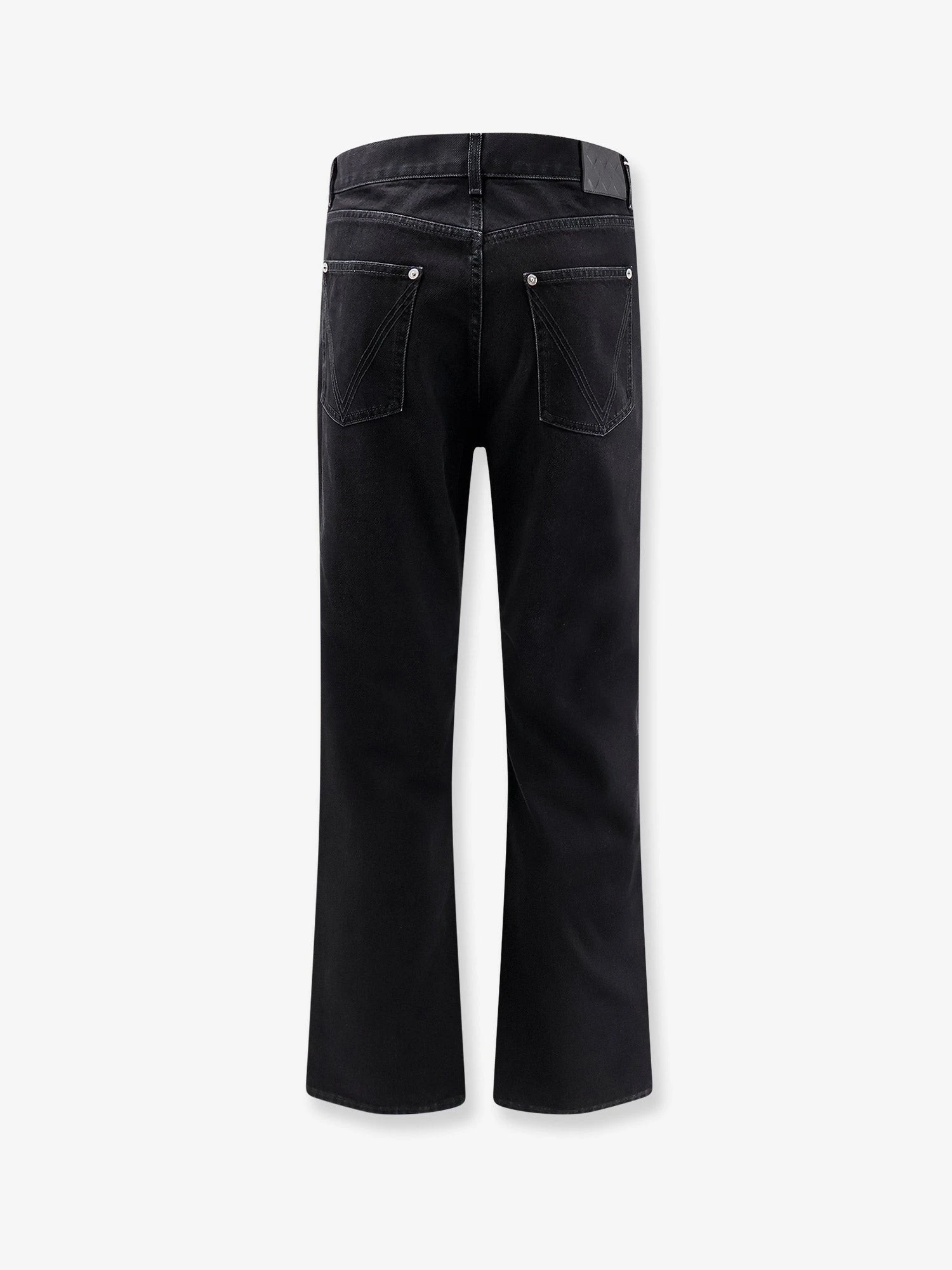Black denim trousers with back leather patch.webp