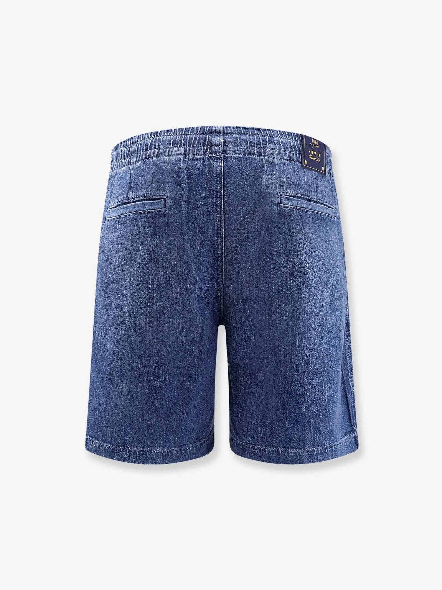 Denim Bermuda shorts with embroidered logo on the front.webp