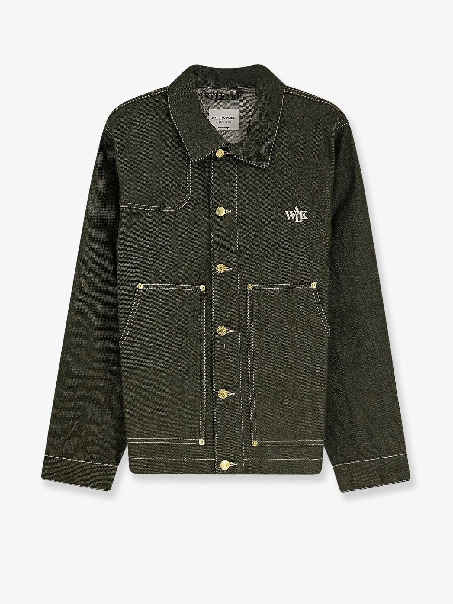 Carpenter's green denim jacket.webp