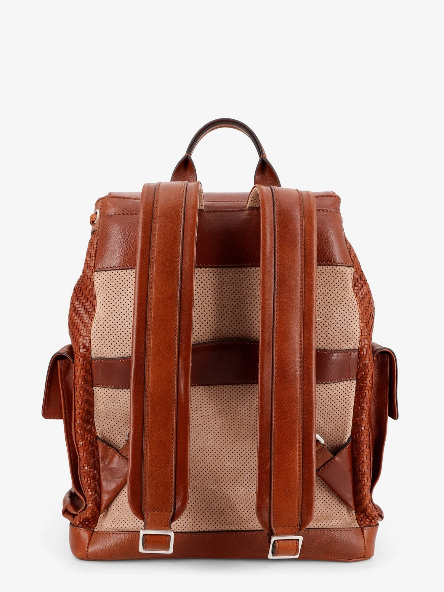City leather backpack with engraved lettering logo.webp
