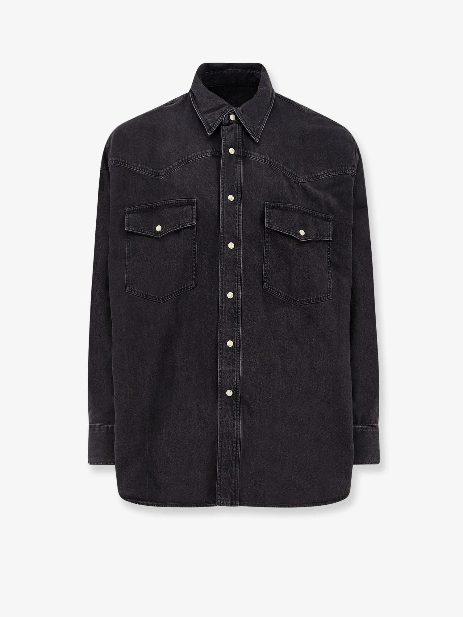 Black denim shirt with enamelled buttons.webp