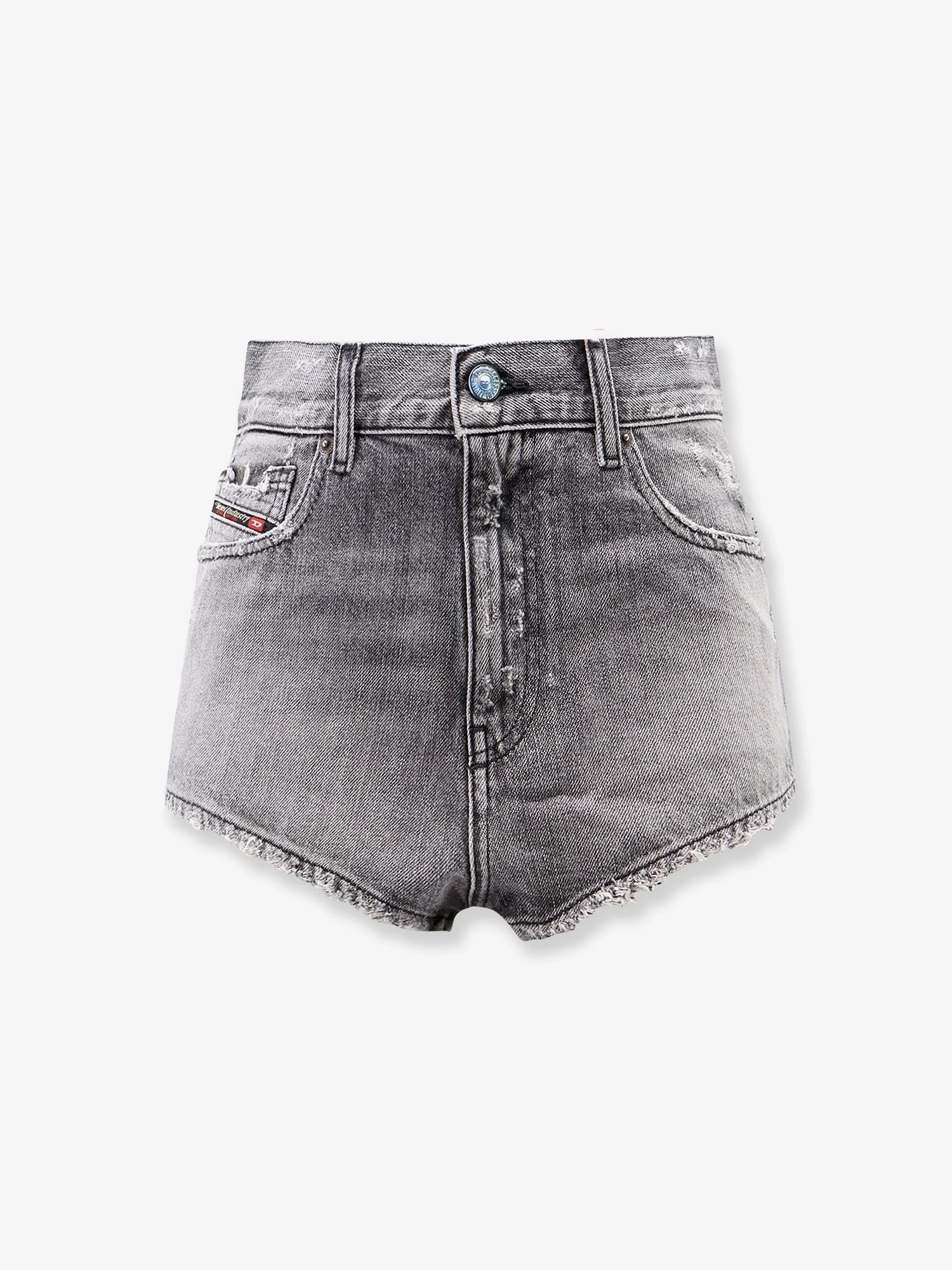 Blue denim shorts with a destroyed effect.webp