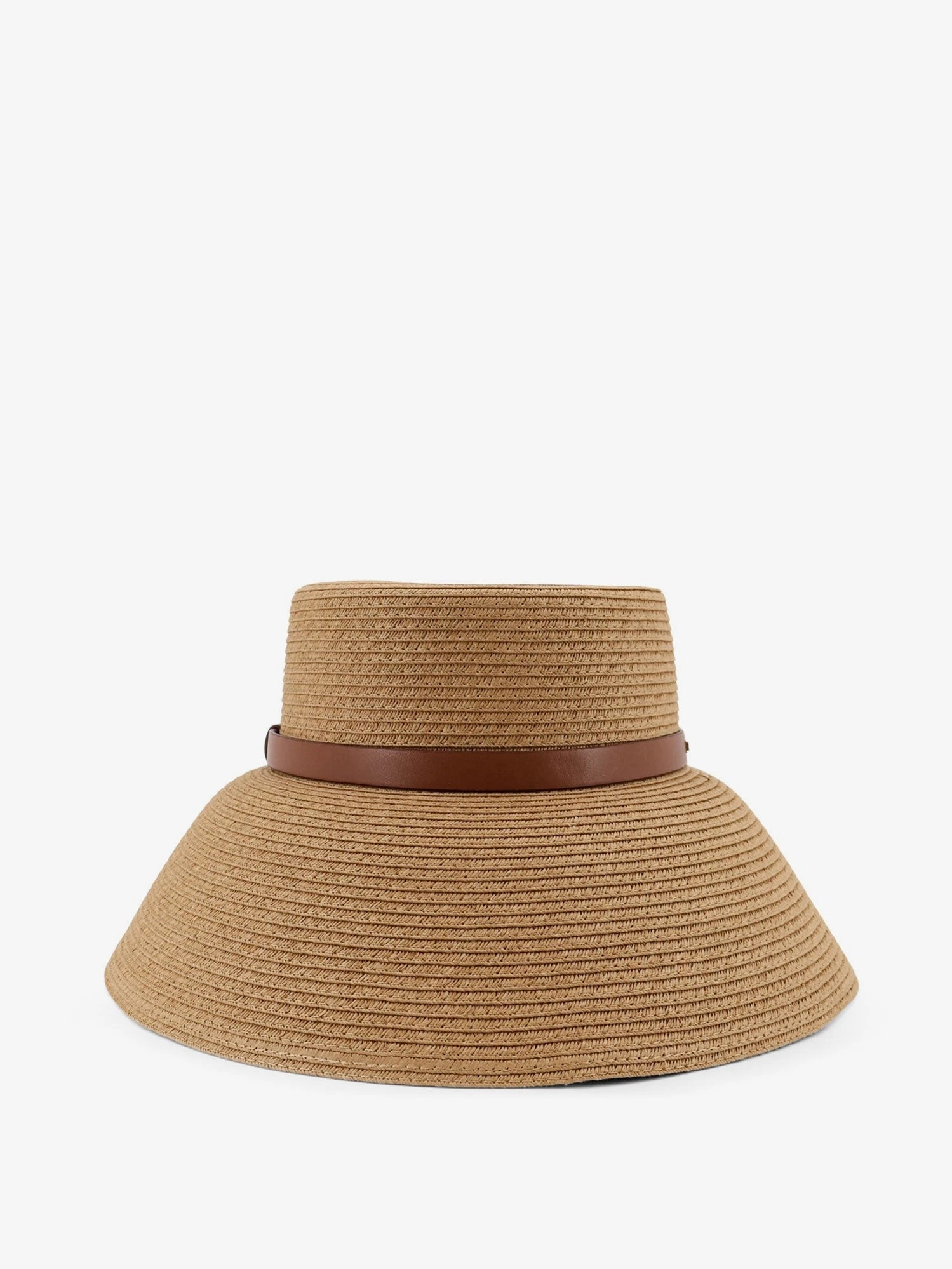 Wide-brimmed hat with metal logo on the front.webp