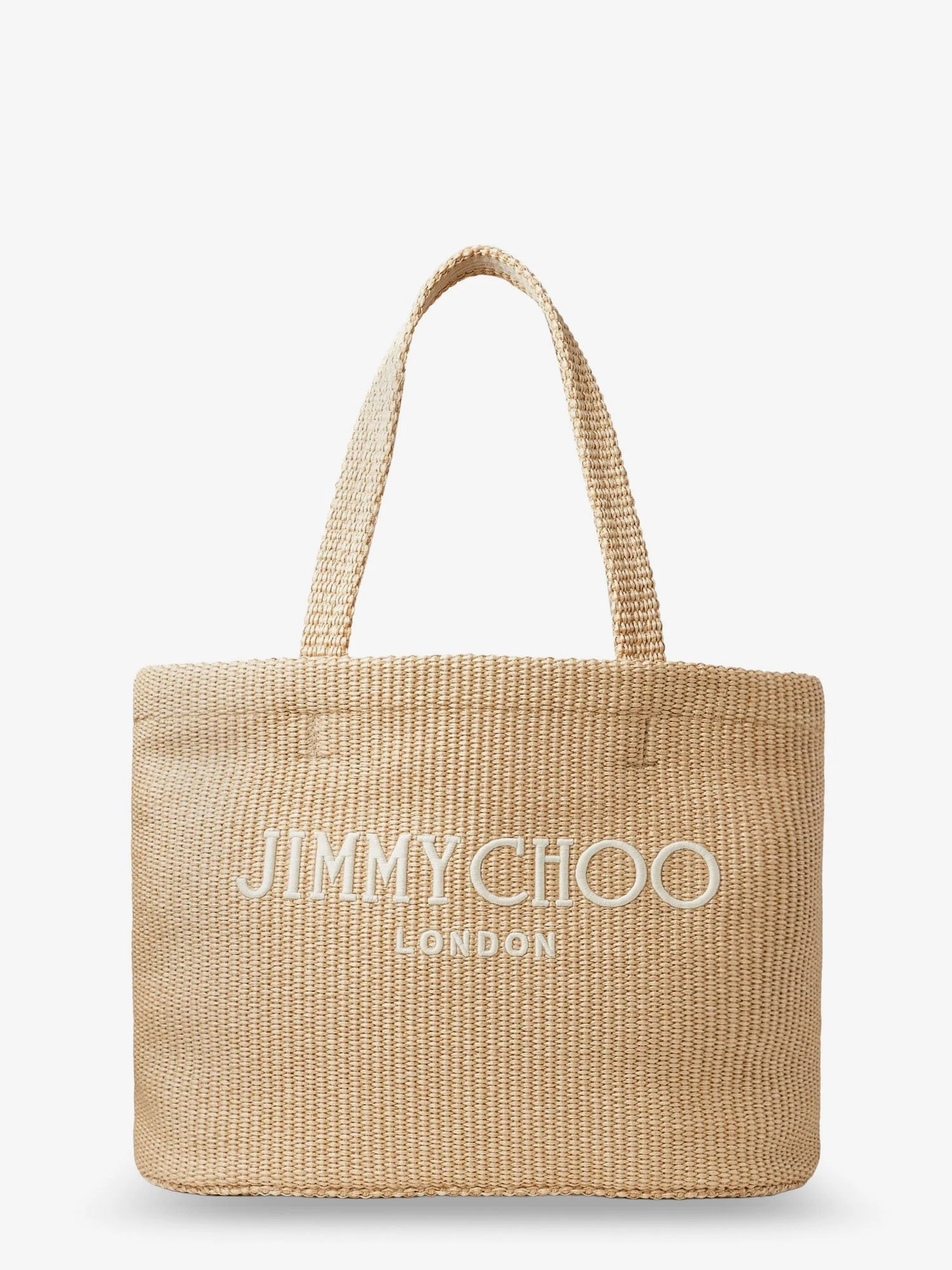 Raffia shopping bag with lettering logo on the front.webp