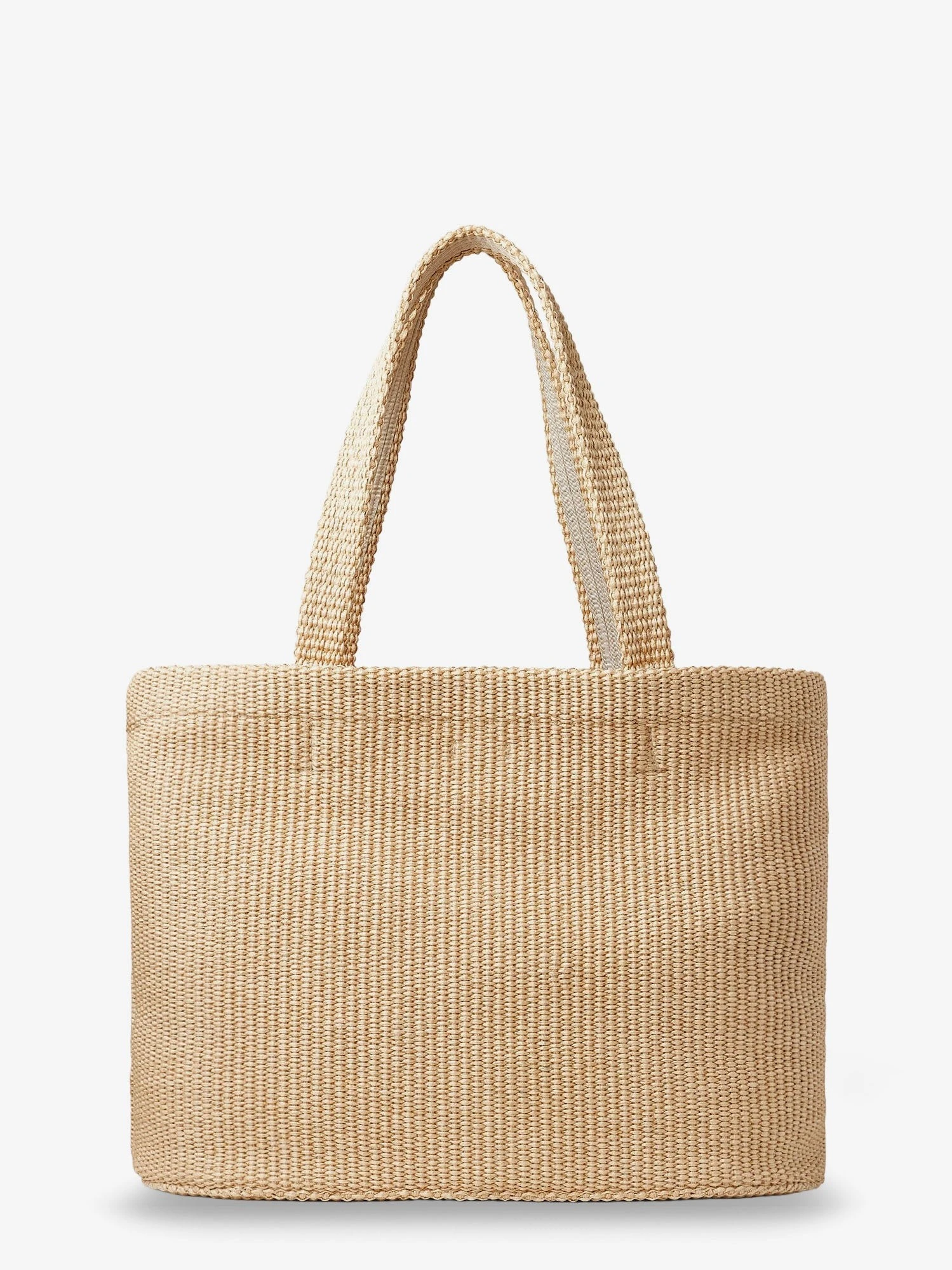 Raffia shopping bag with lettering logo on the front.webp