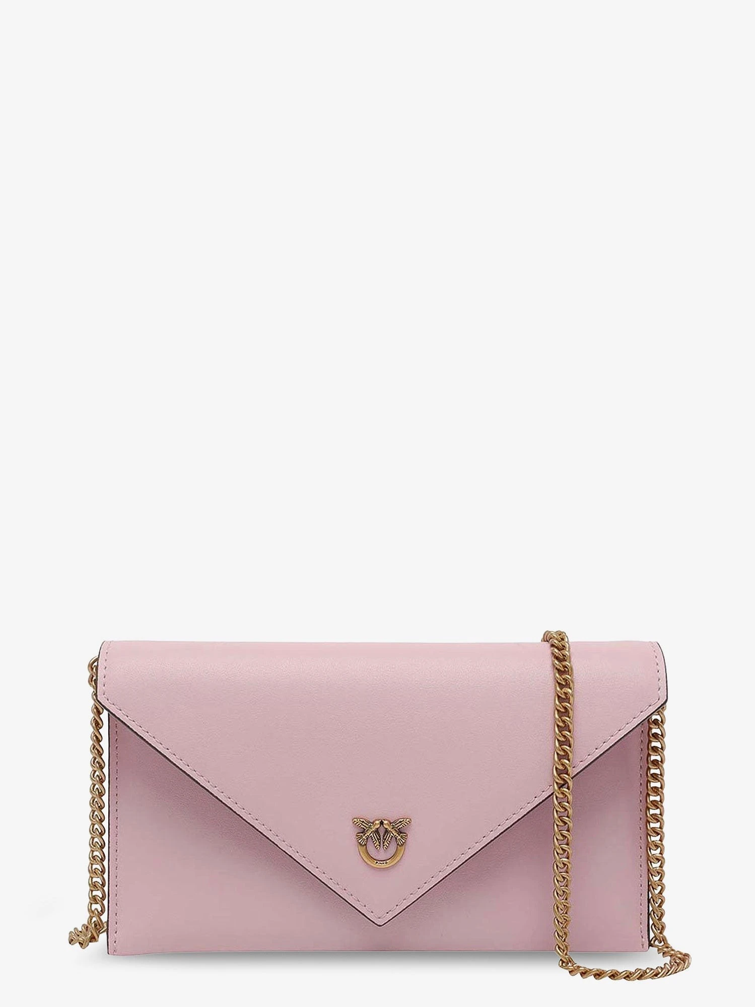 Leather clutch bag with metal Love Birds logo.webp