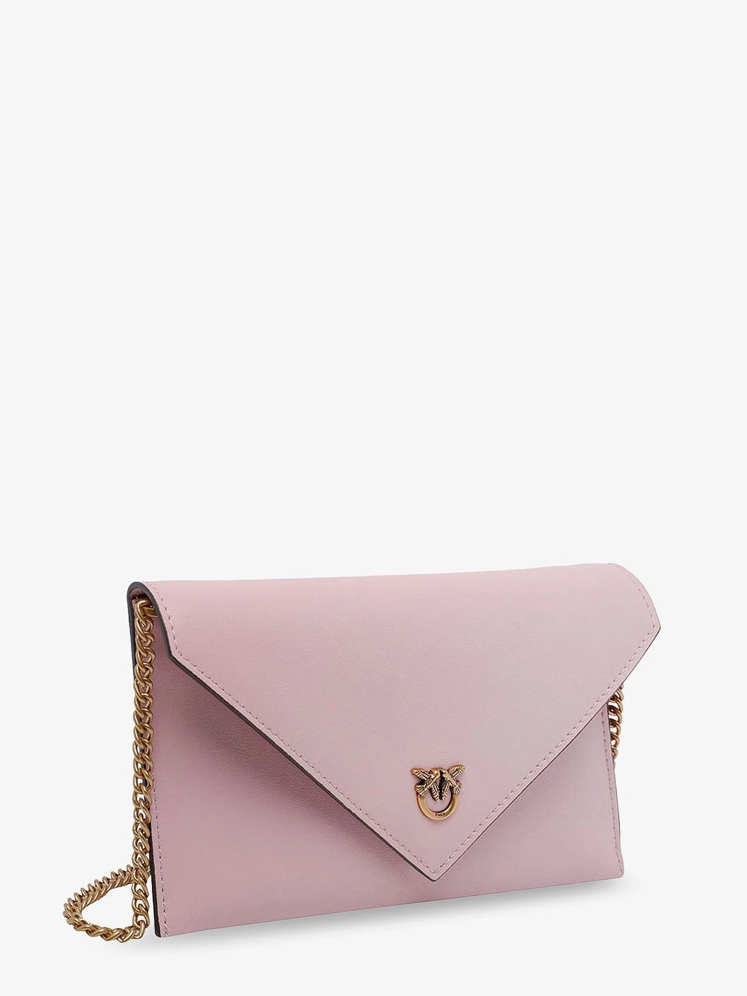 Leather clutch bag with metal Love Birds logo.webp