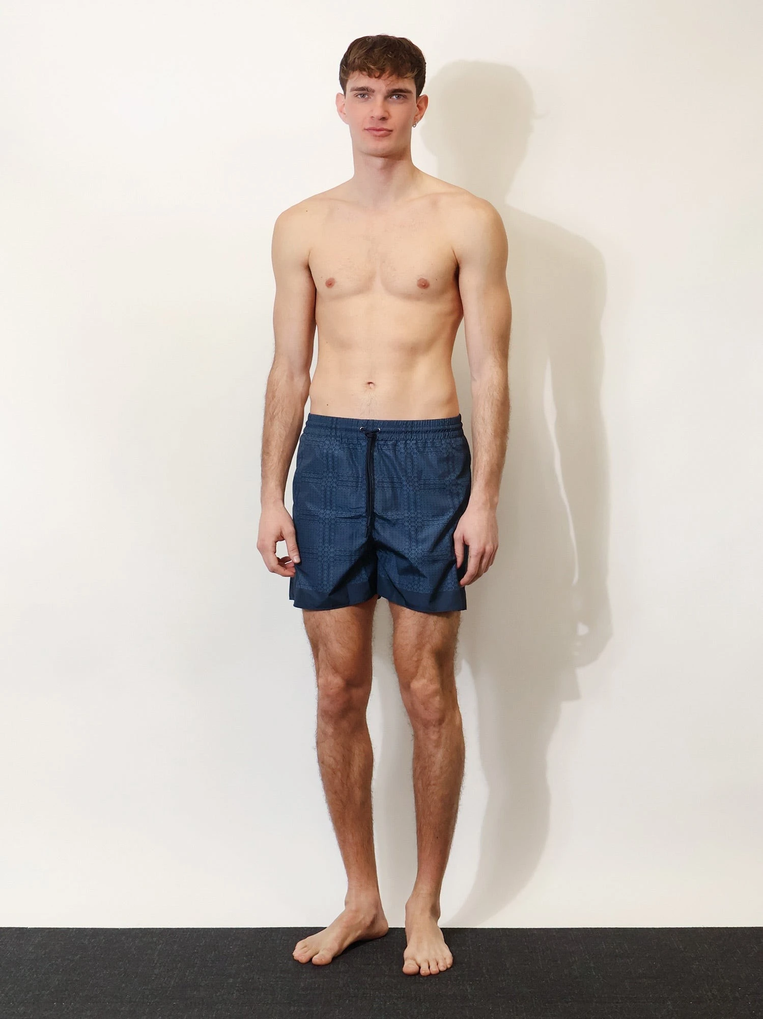 Nylon swim trunks with all-over Gucci Incrocio print.webp
