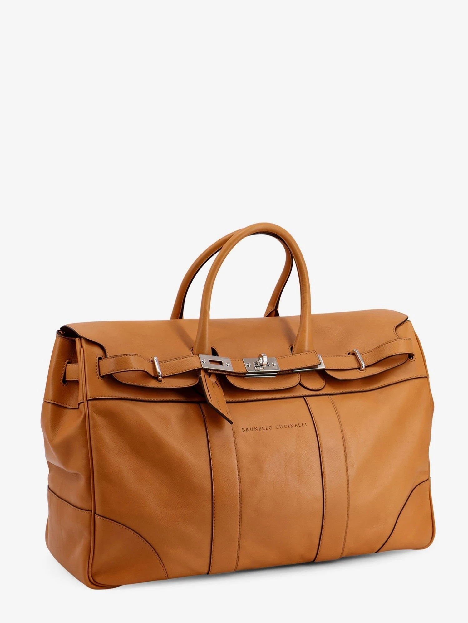 Leather travel bag with engraved logo on the front.webp