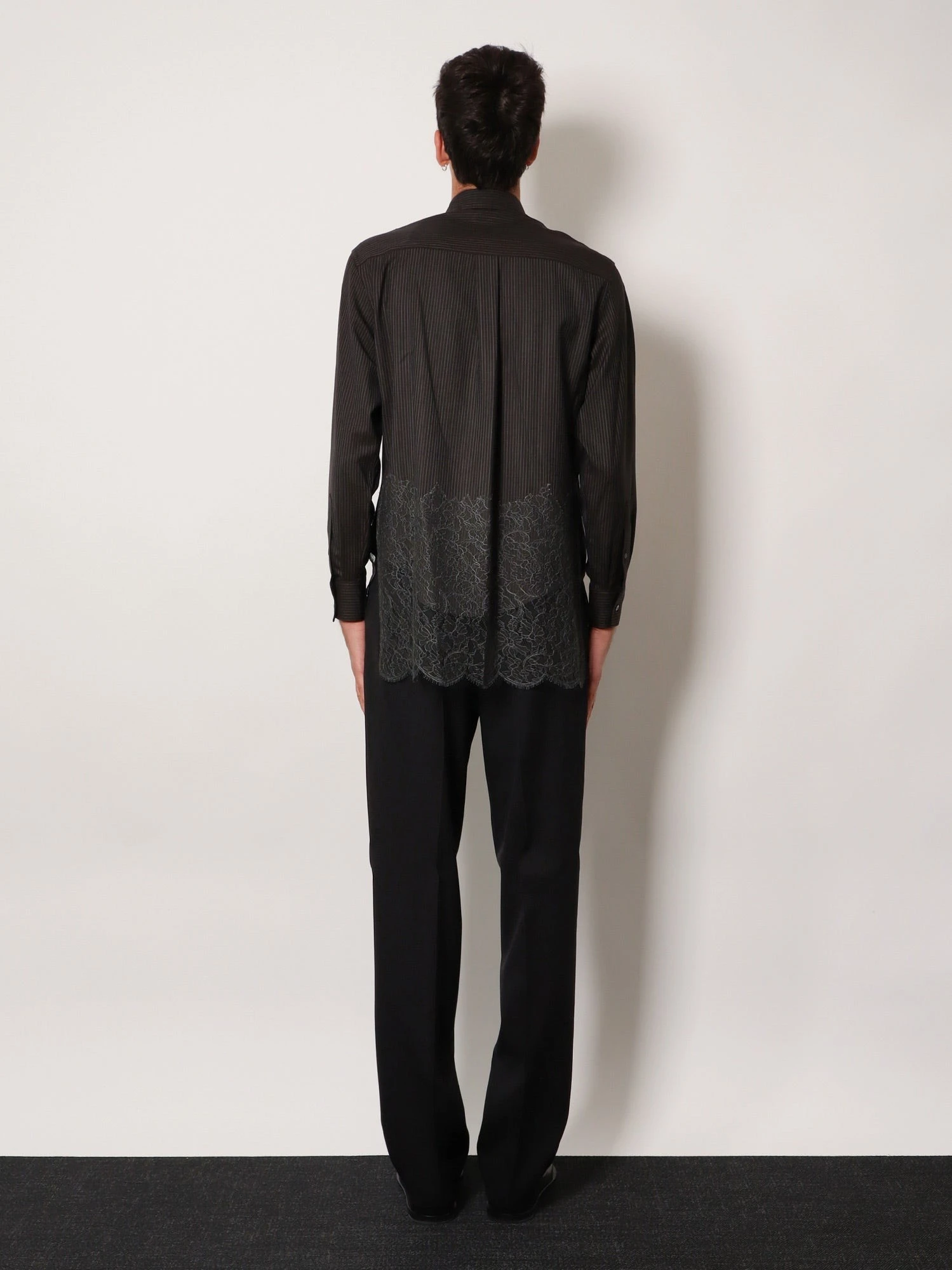 Pinstriped wool shirt with lace insert.webp