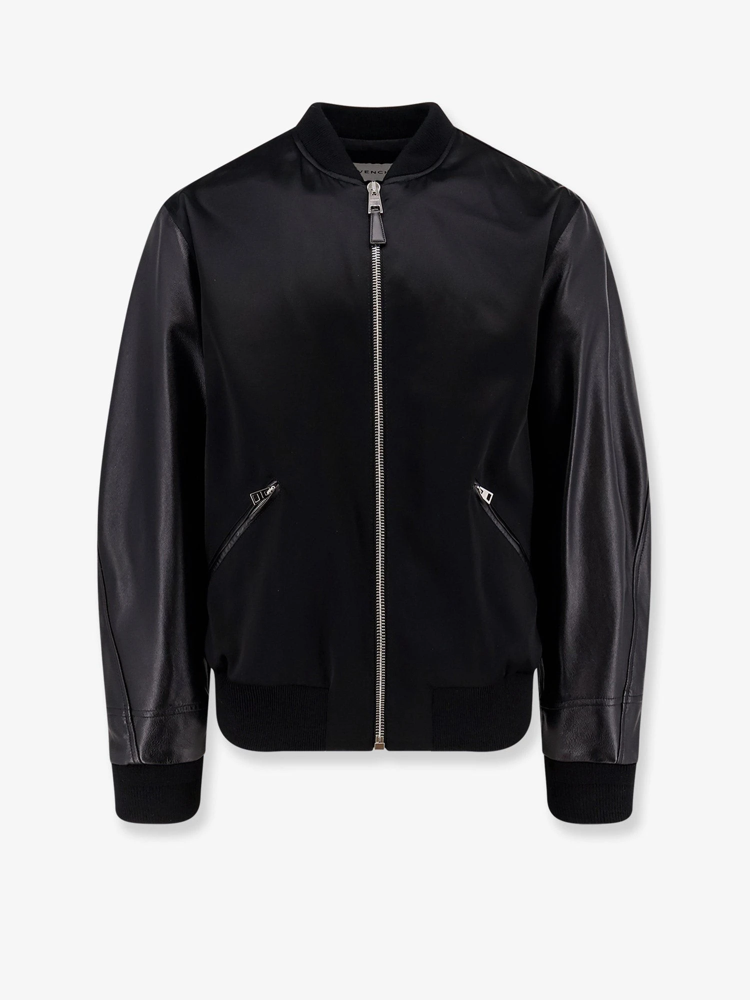 Cotton and nylon jacket with leather sleeves.webp