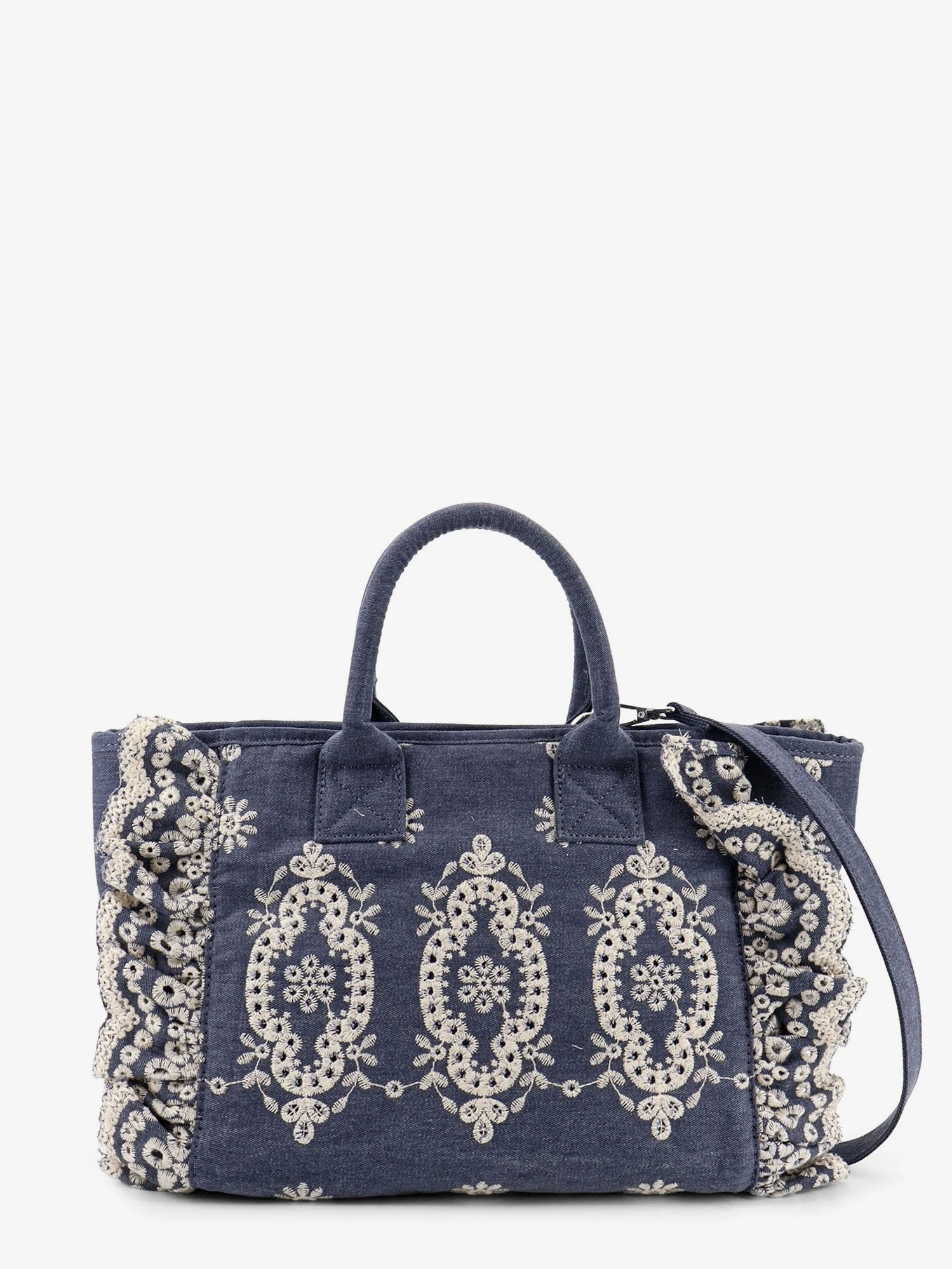 Colette denim shoulder bag with Sangallo embroidery.webp