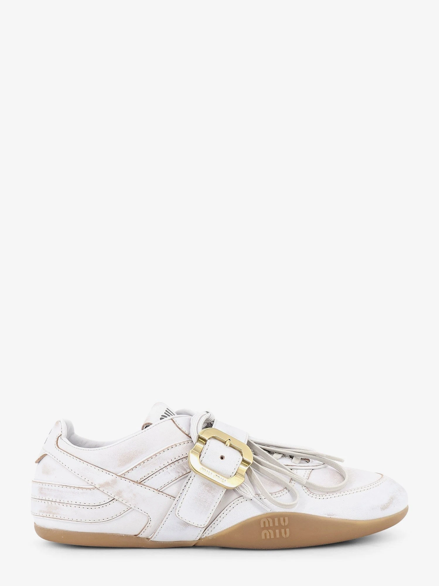 Used-effect leather sneakers with metal buckle detail.webp