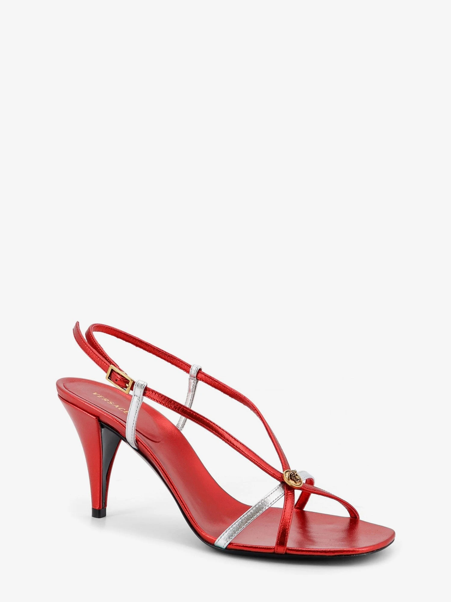Metallic leather sandals with Medusa logo on the front.webp