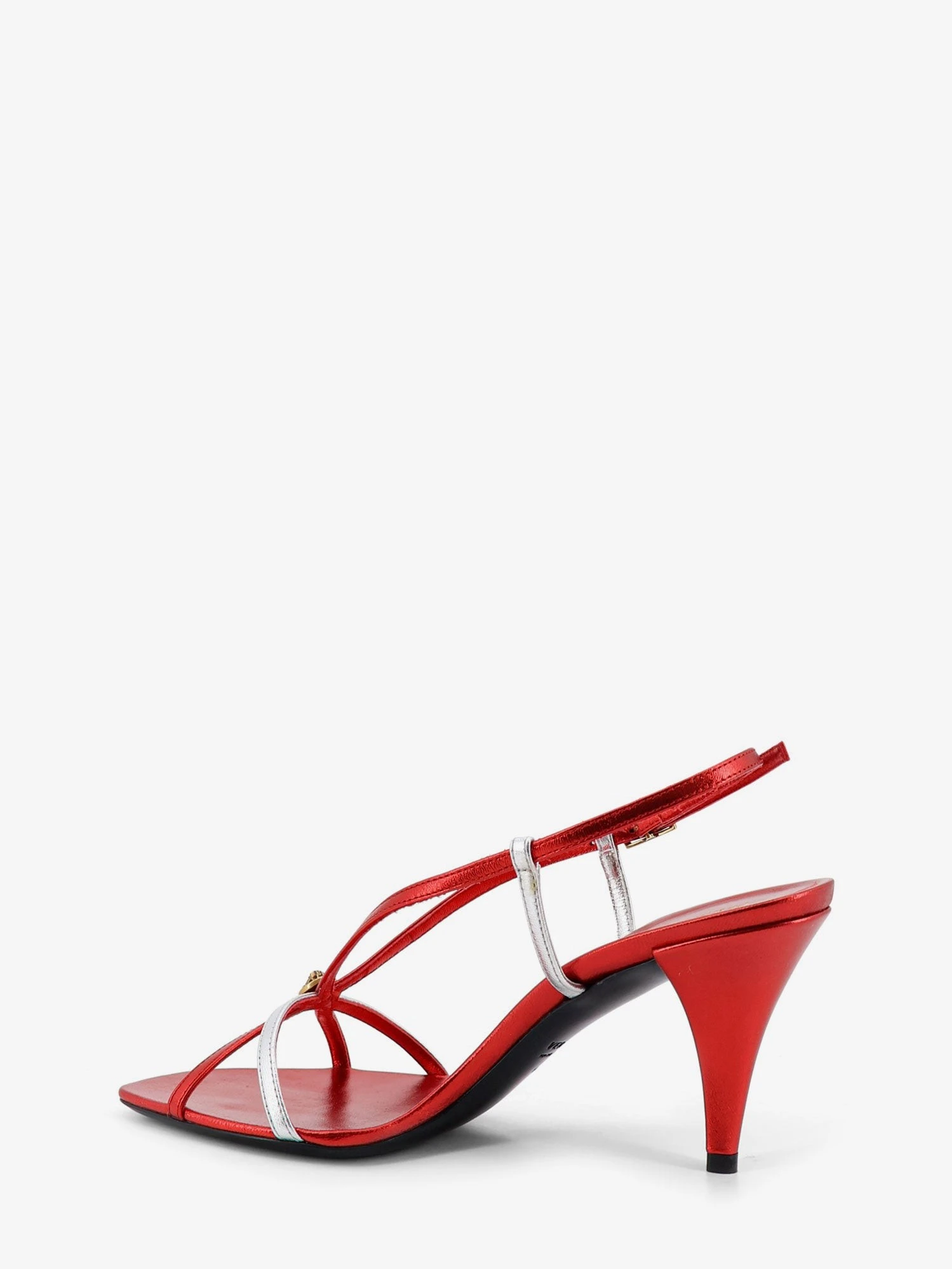 Metallic leather sandals with Medusa logo on the front.webp