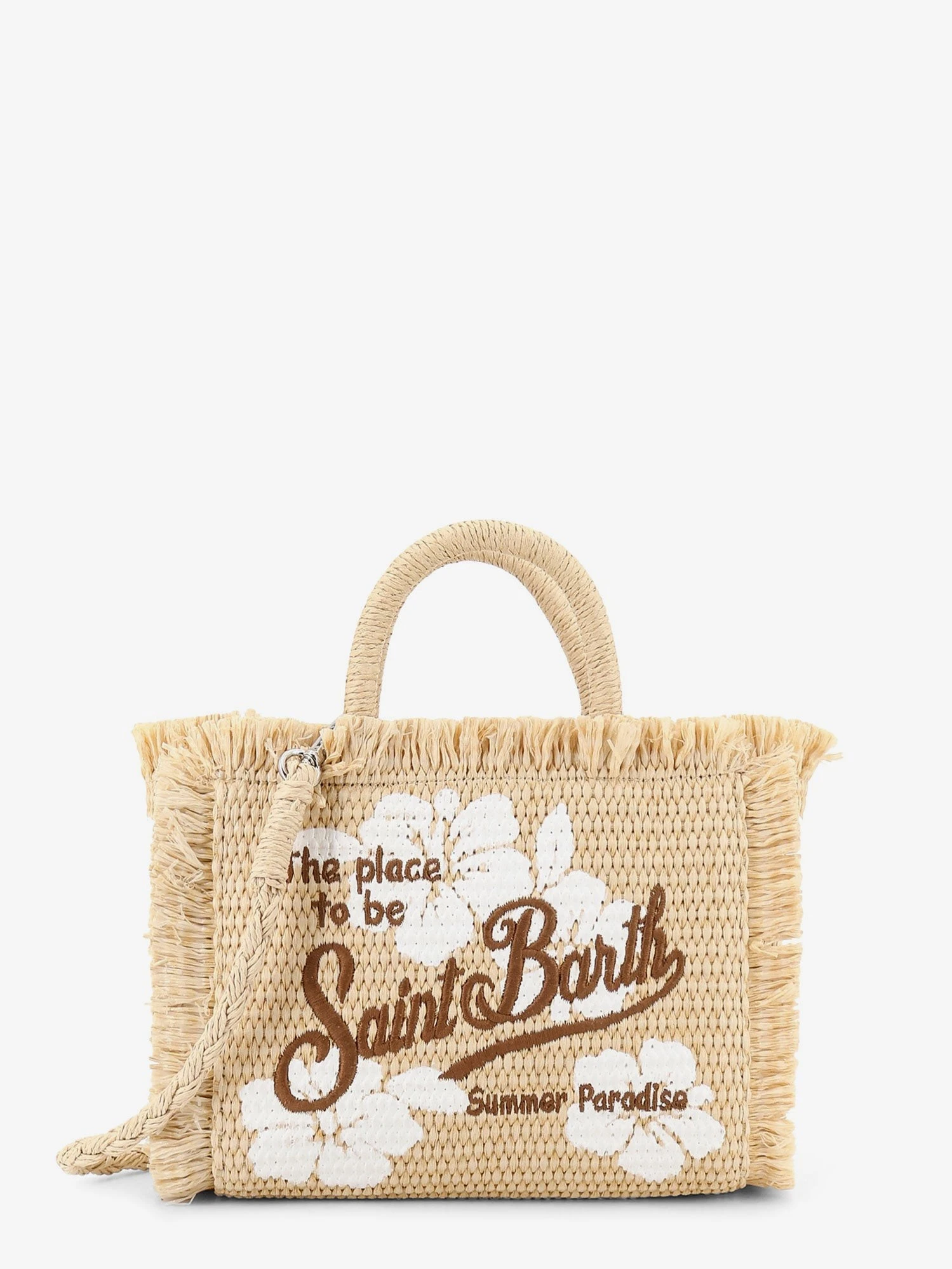 Vanity shoulder bag in raffia with embroidered logo on the front.webp