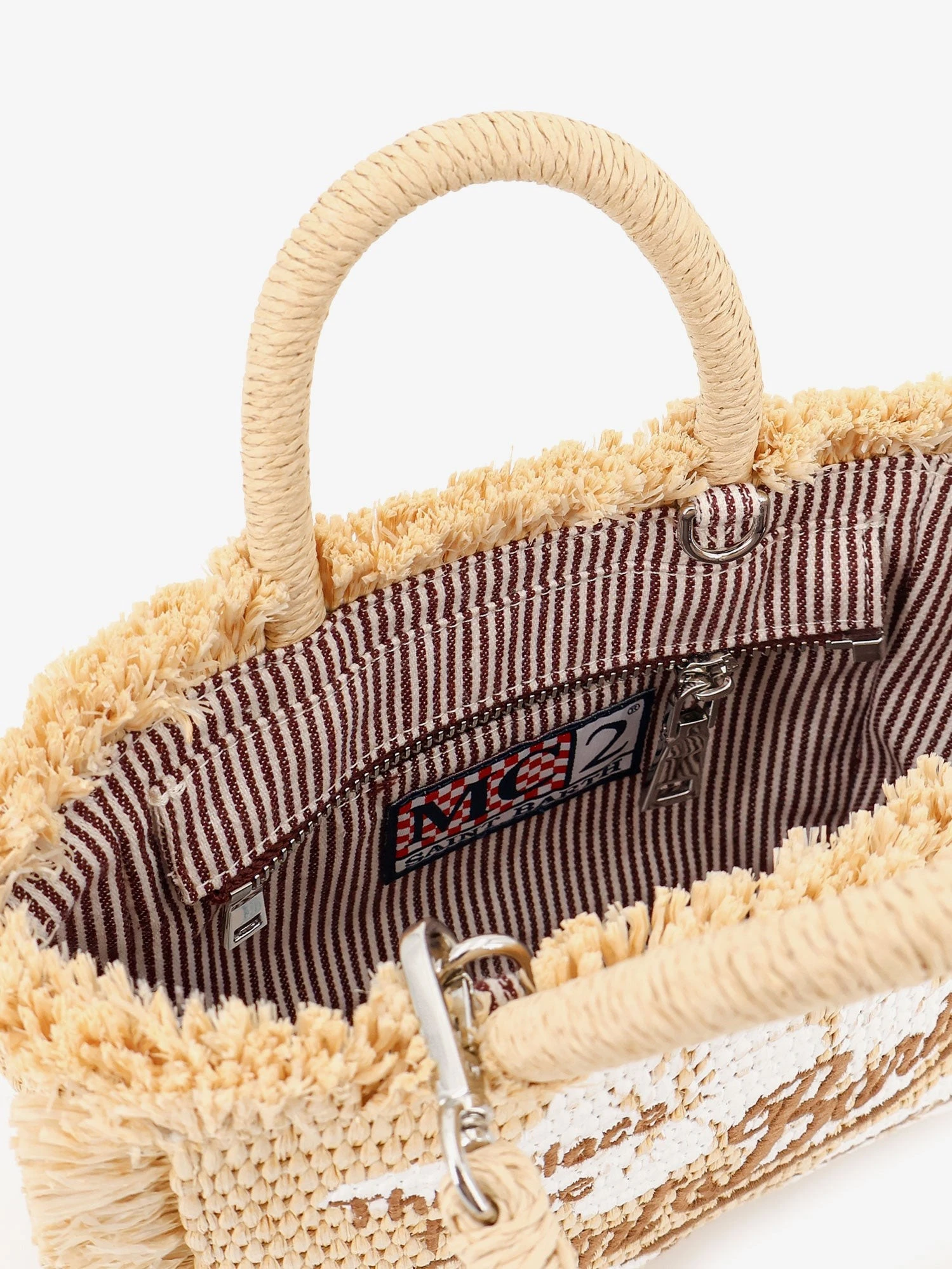 Vanity shoulder bag in raffia with embroidered logo on the front.webp