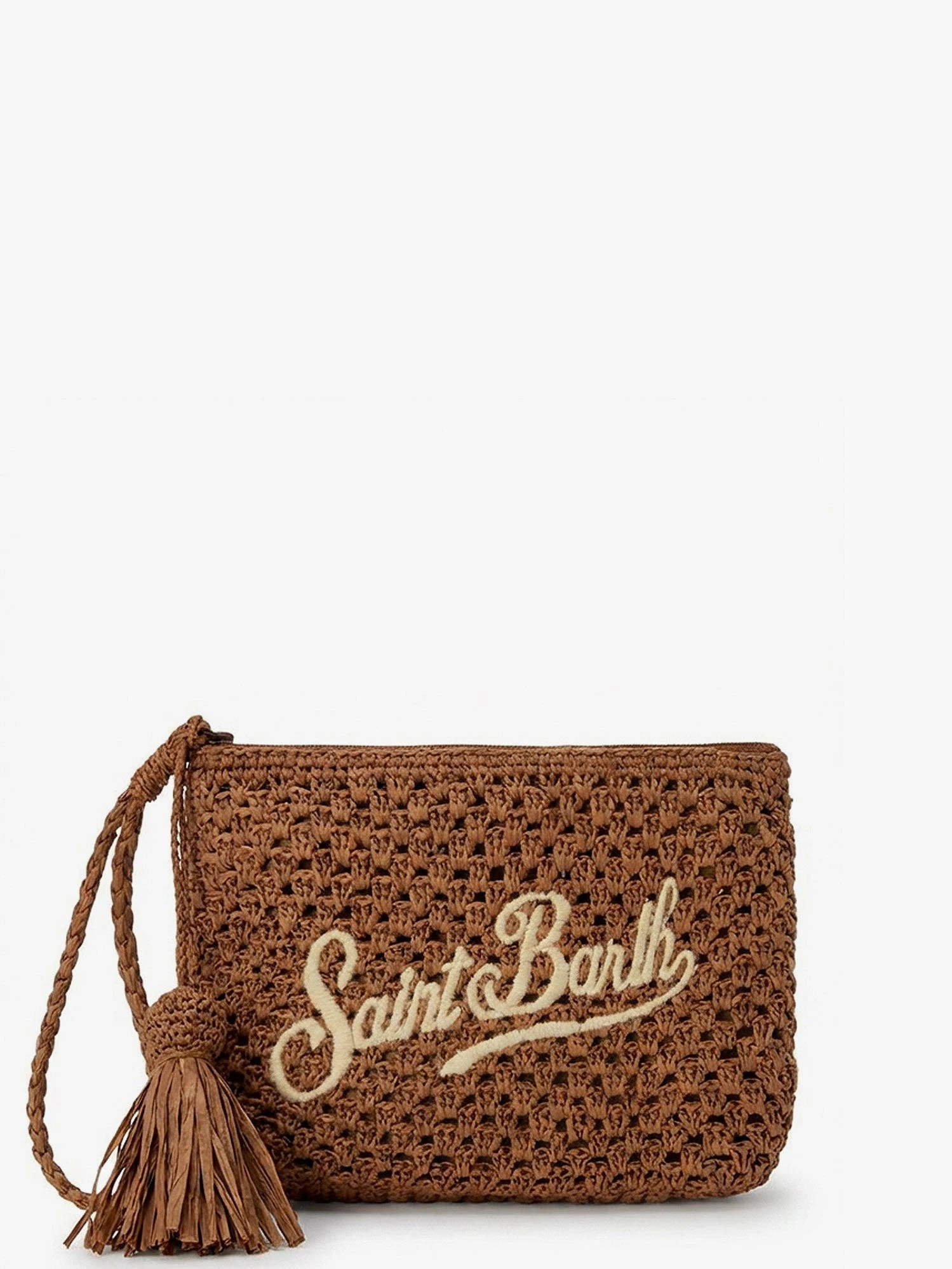 Woven raffia clutch with embroidered logo.webp