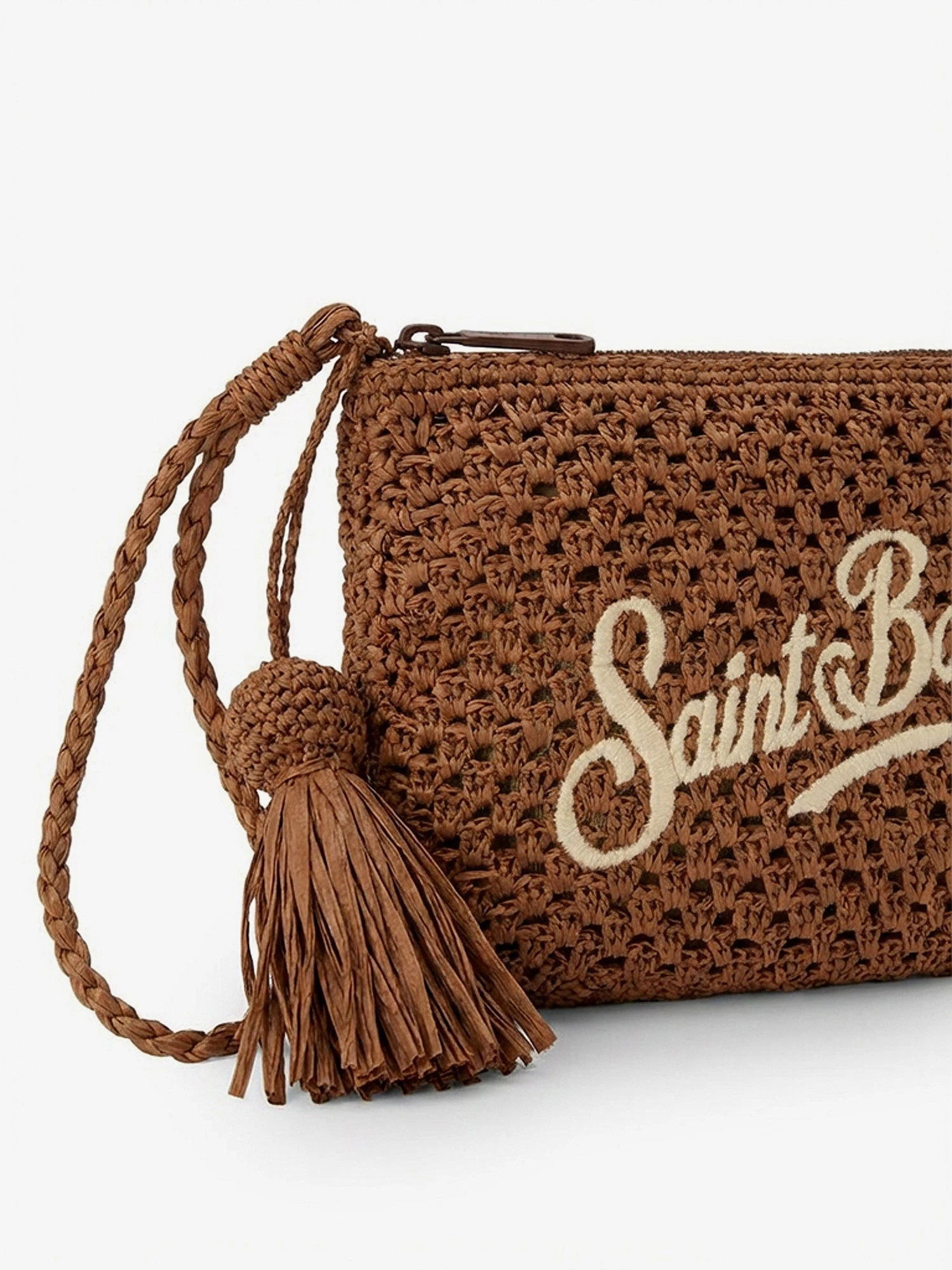 Woven raffia clutch with embroidered logo.webp