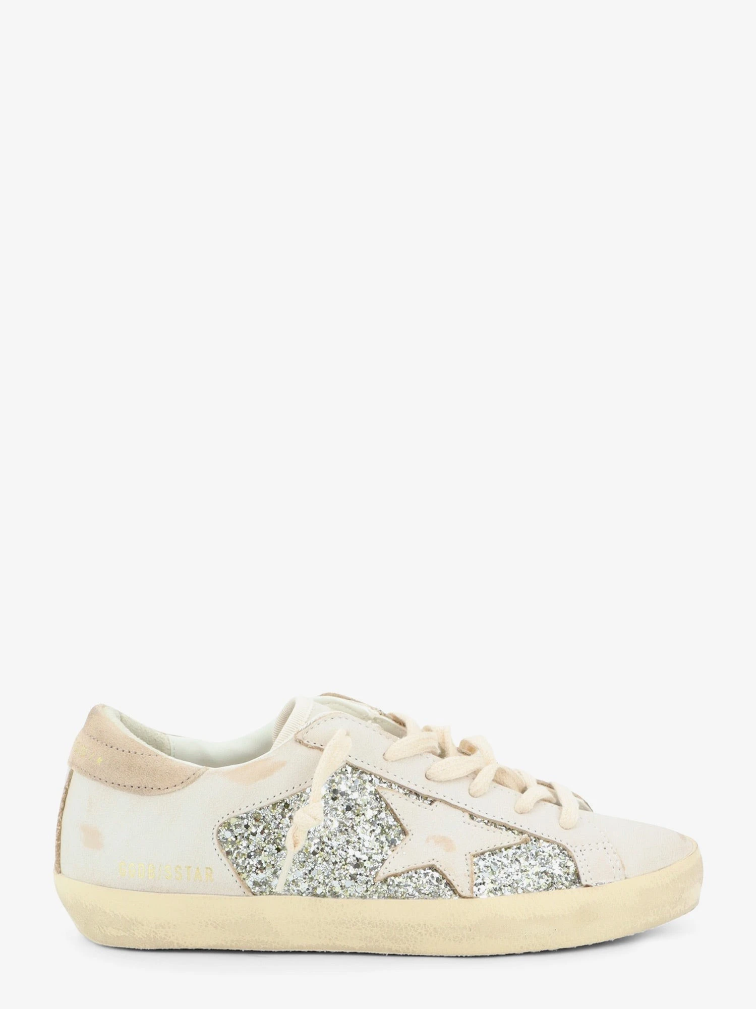Superstar leather sneakers with all-over glitter pattern.webp