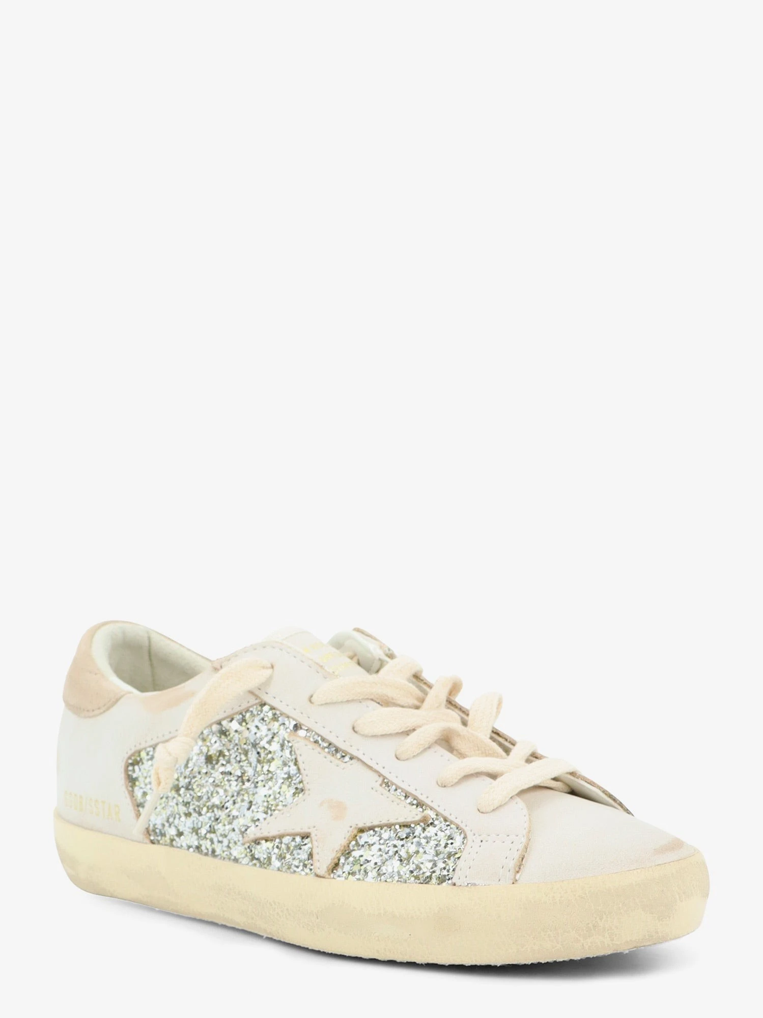 Superstar leather sneakers with all-over glitter pattern.webp