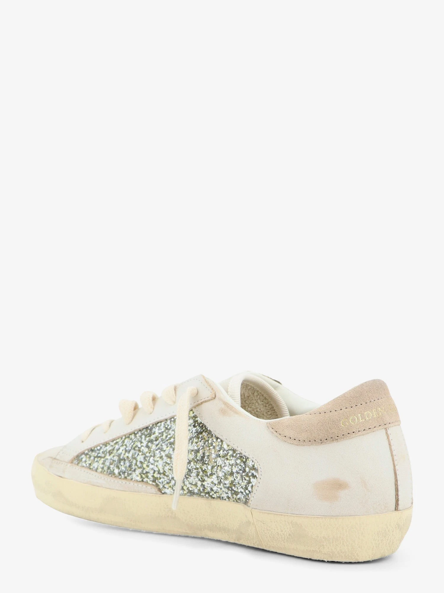 Superstar leather sneakers with all-over glitter pattern.webp