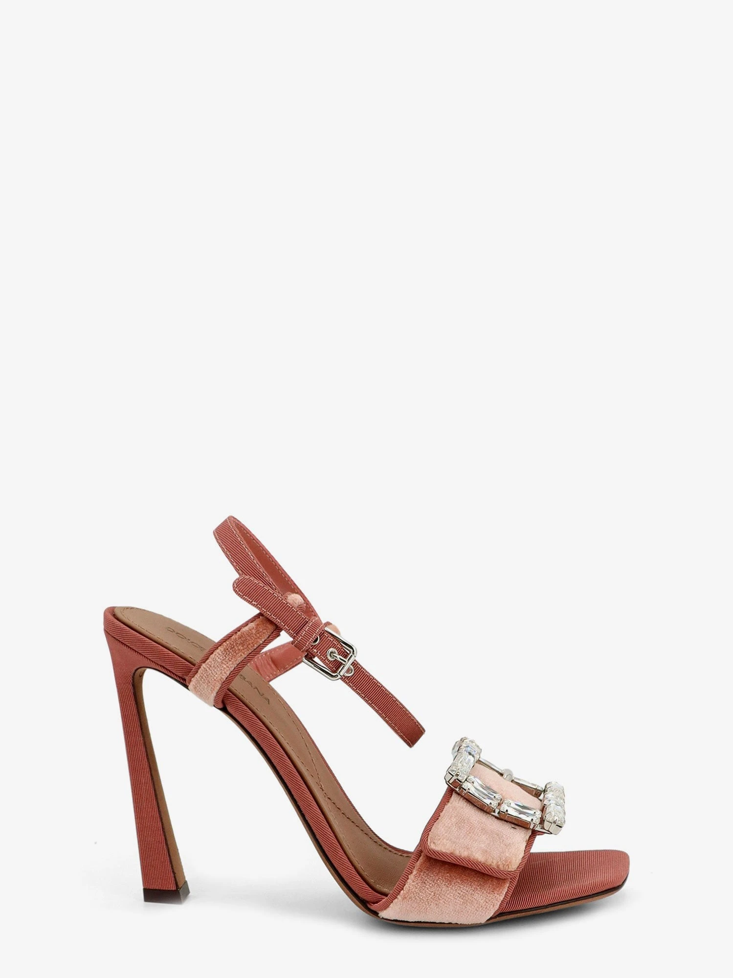 Velvet sandals with rhinestone detail on the front.webp
