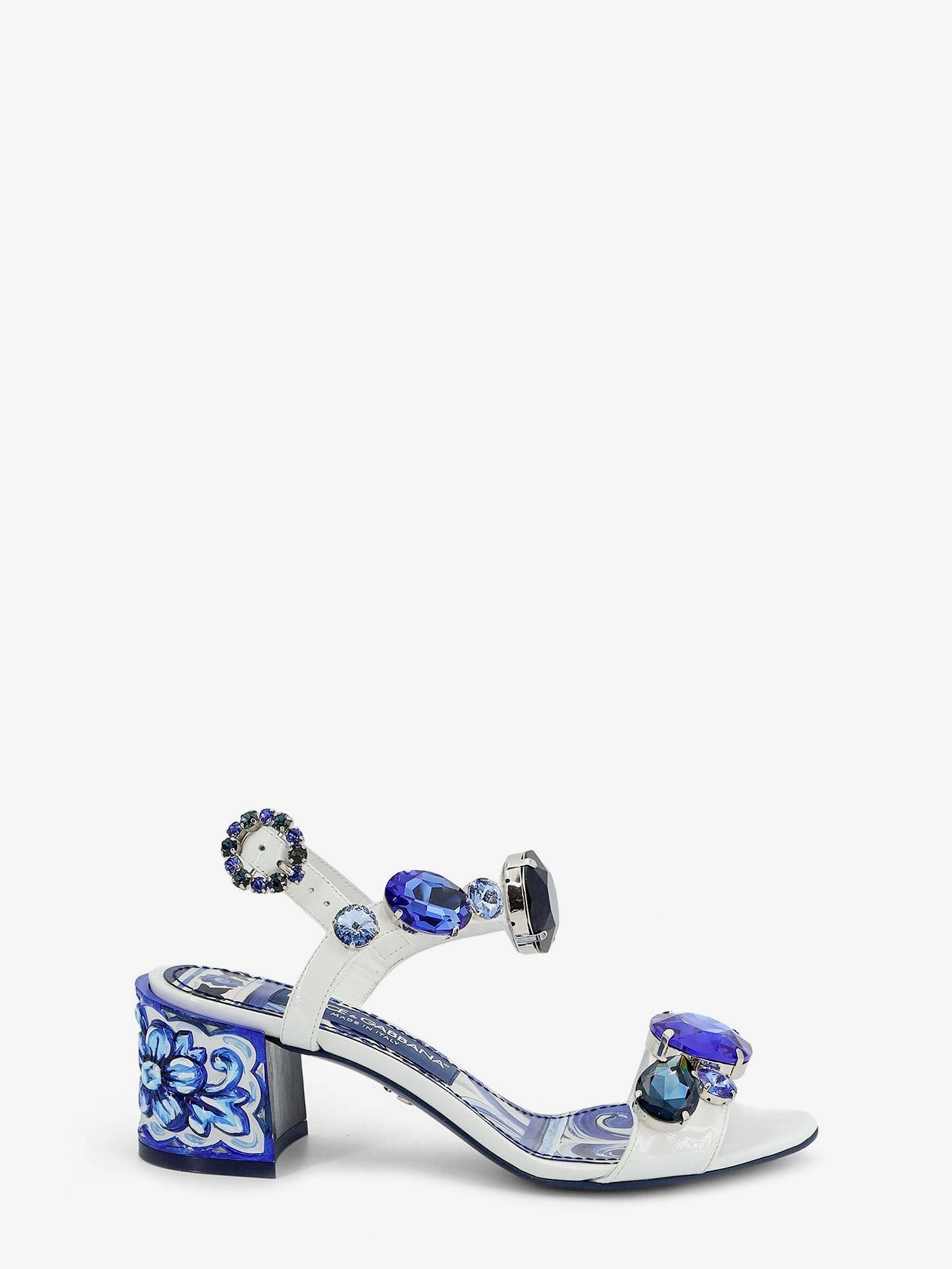 Patent leather sandals with Maiolica print.webp