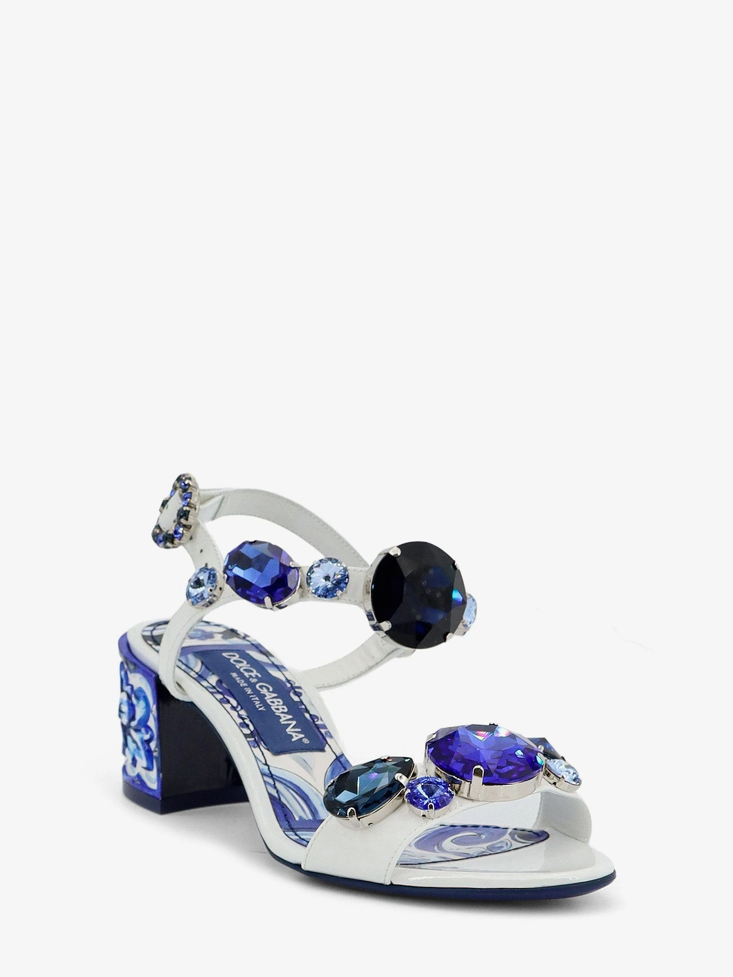 Patent leather sandals with Maiolica print.webp