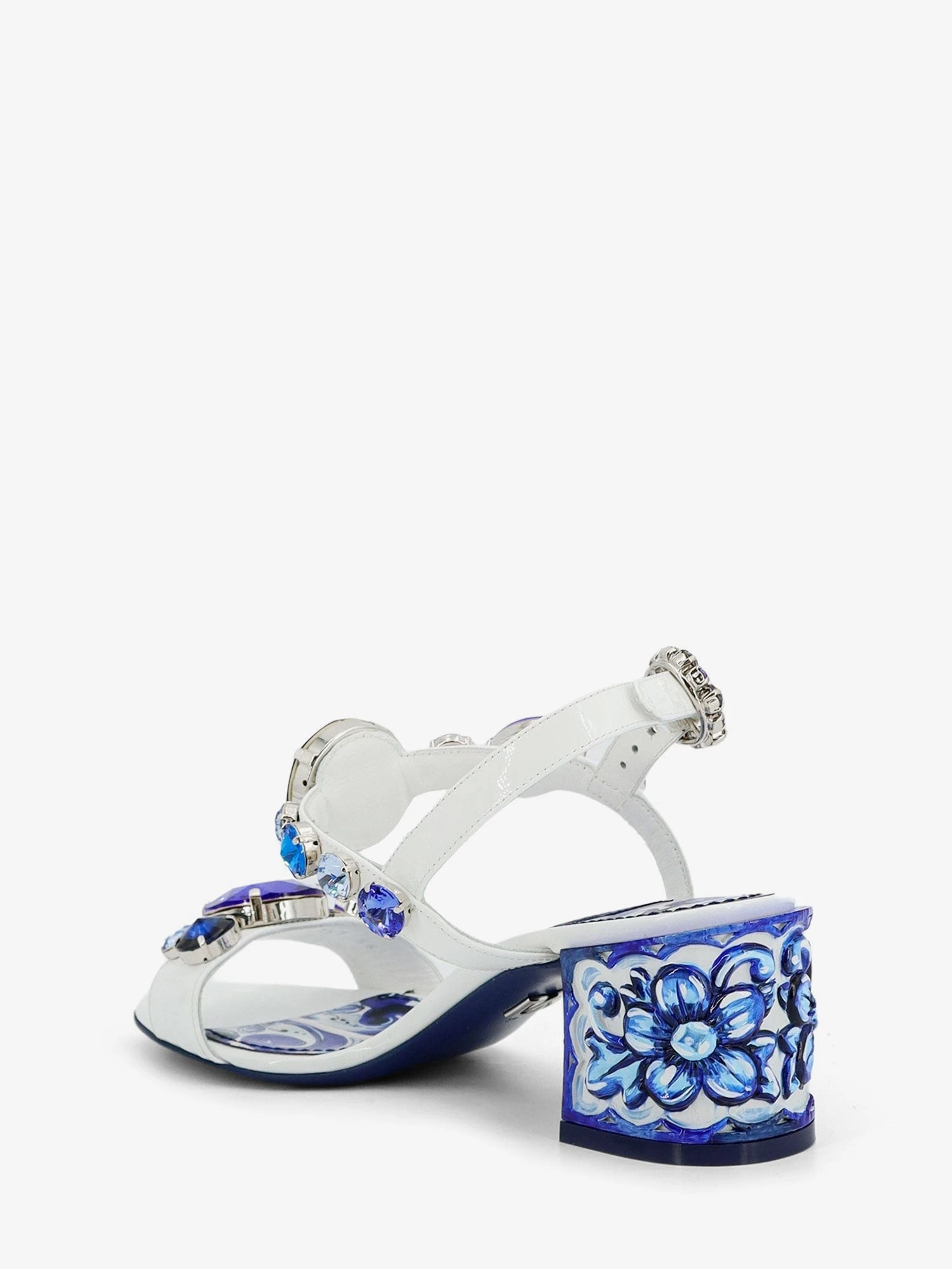 Patent leather sandals with Maiolica print.webp
