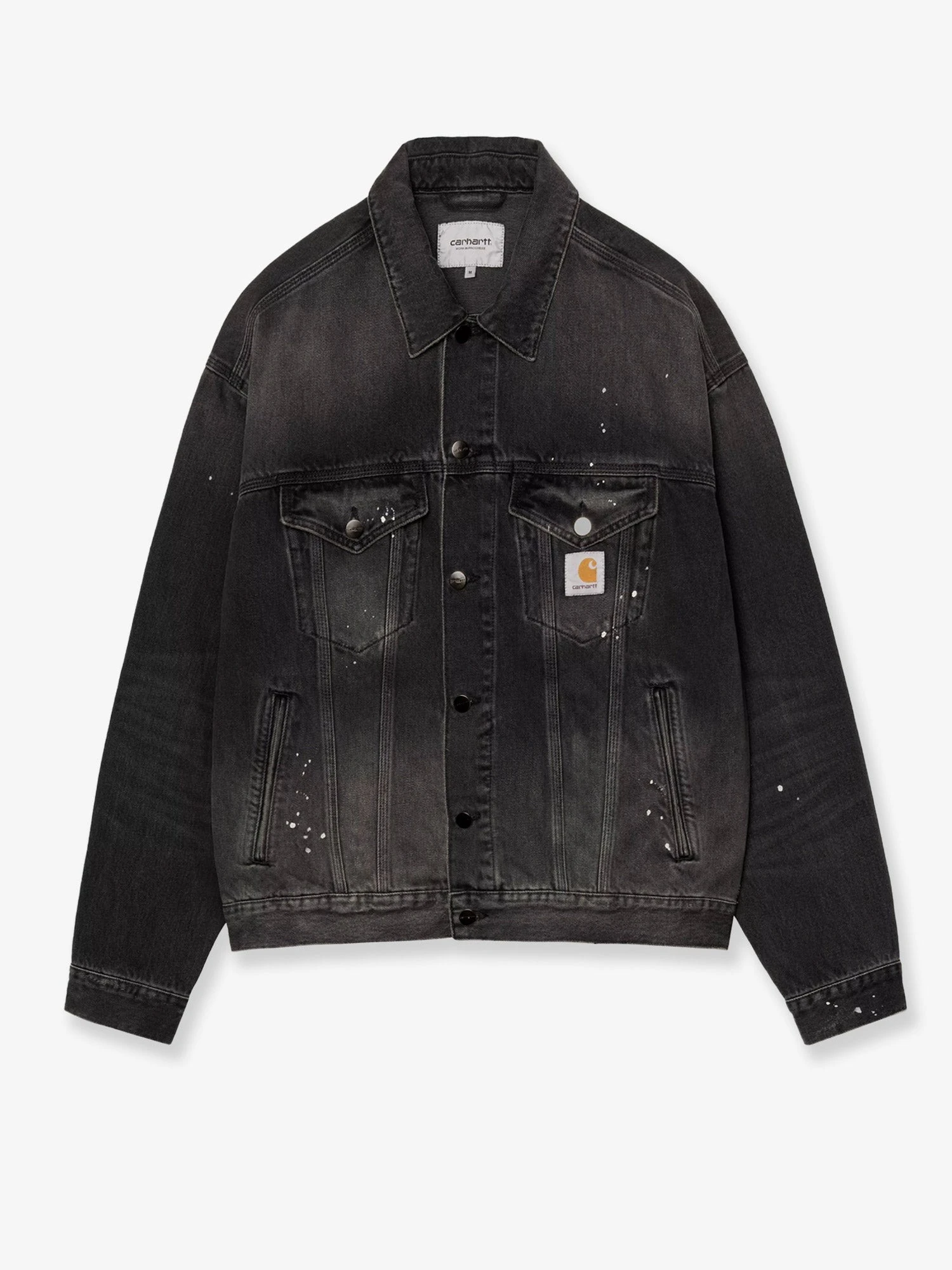 Black denim jacket with a distressed effect.webp