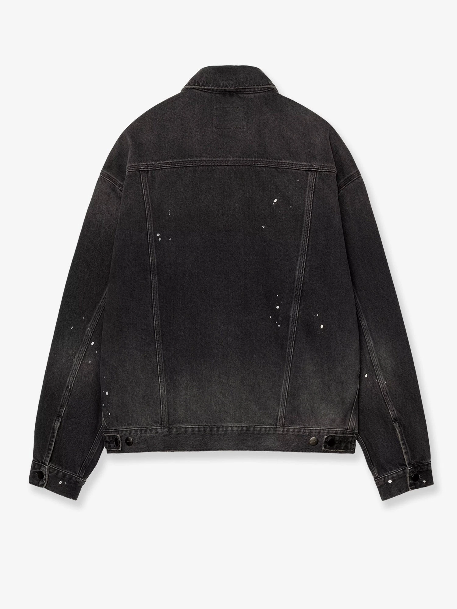 Black denim jacket with a distressed effect.webp