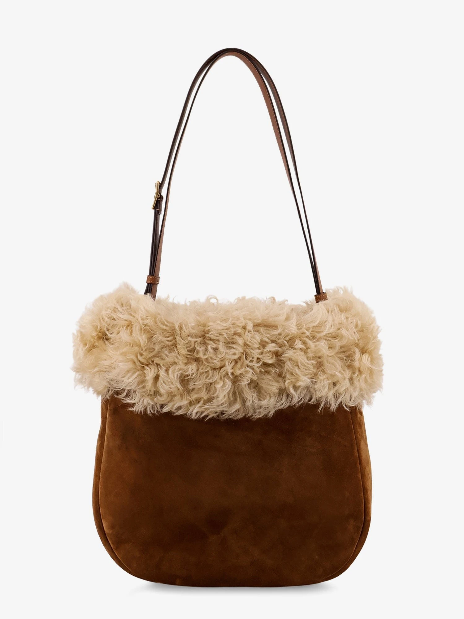 Suede shoulder bag with shearling profile.webp