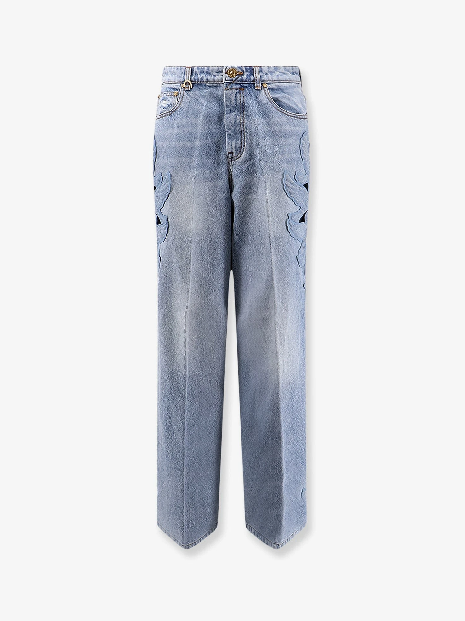 Alchemy Applique Relaxed Flare blue denim jeans.webp