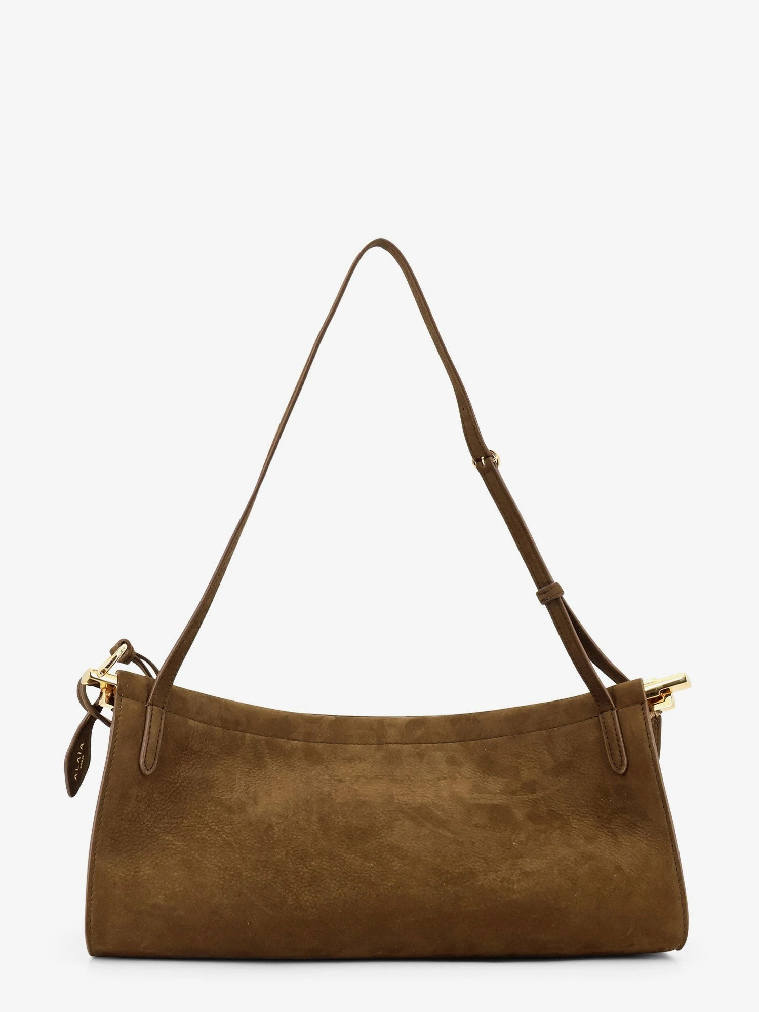 East West leather shoulder bag with engraved logo lettering.webp