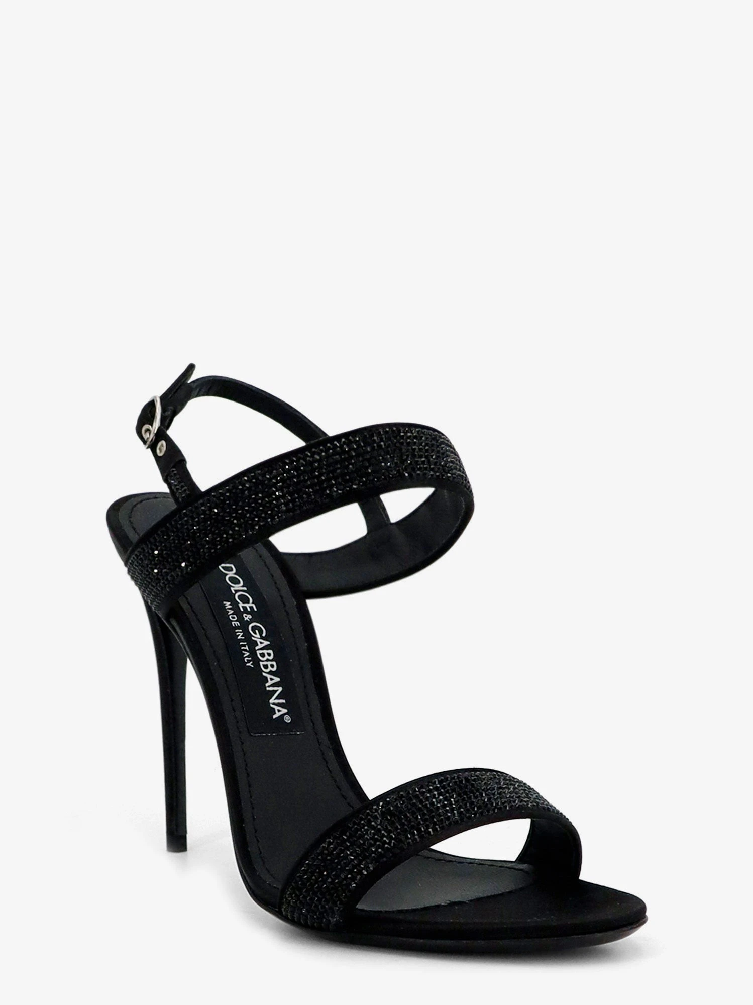 Satin sandals with all-over rhinestones.webp