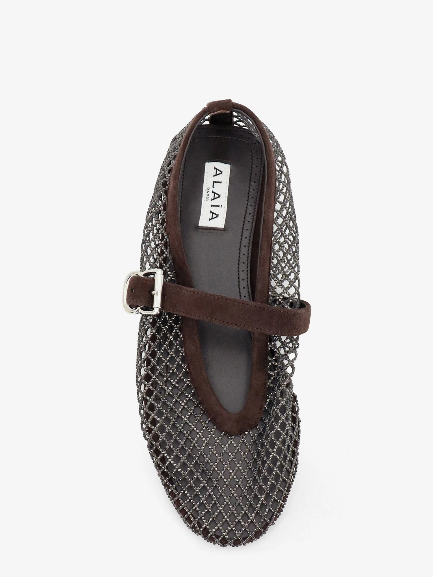 Flat mesh ballet flats with rhinestone detail.webp