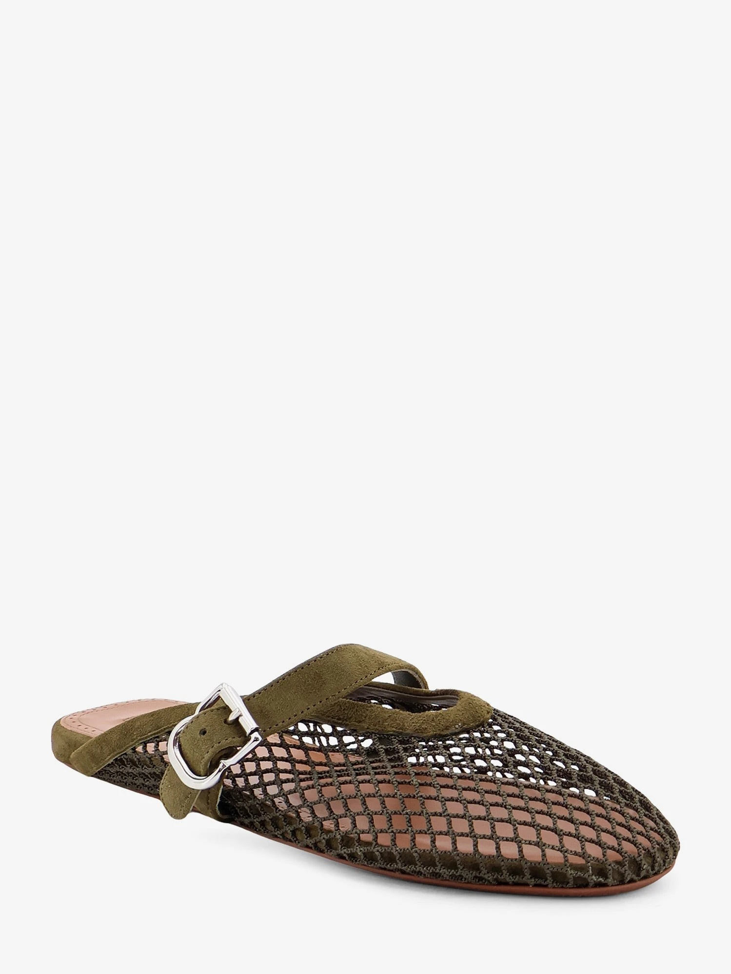 Fishnet mesh and leather sandals.webp