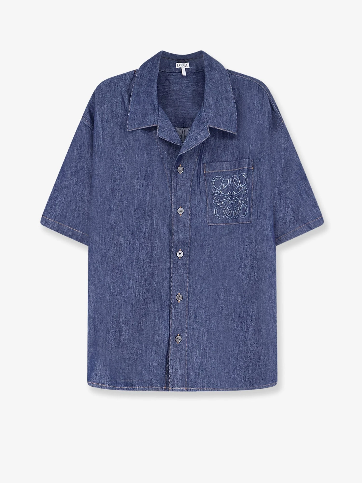 Blue denim shirt with embroidered Anagram logo.webp