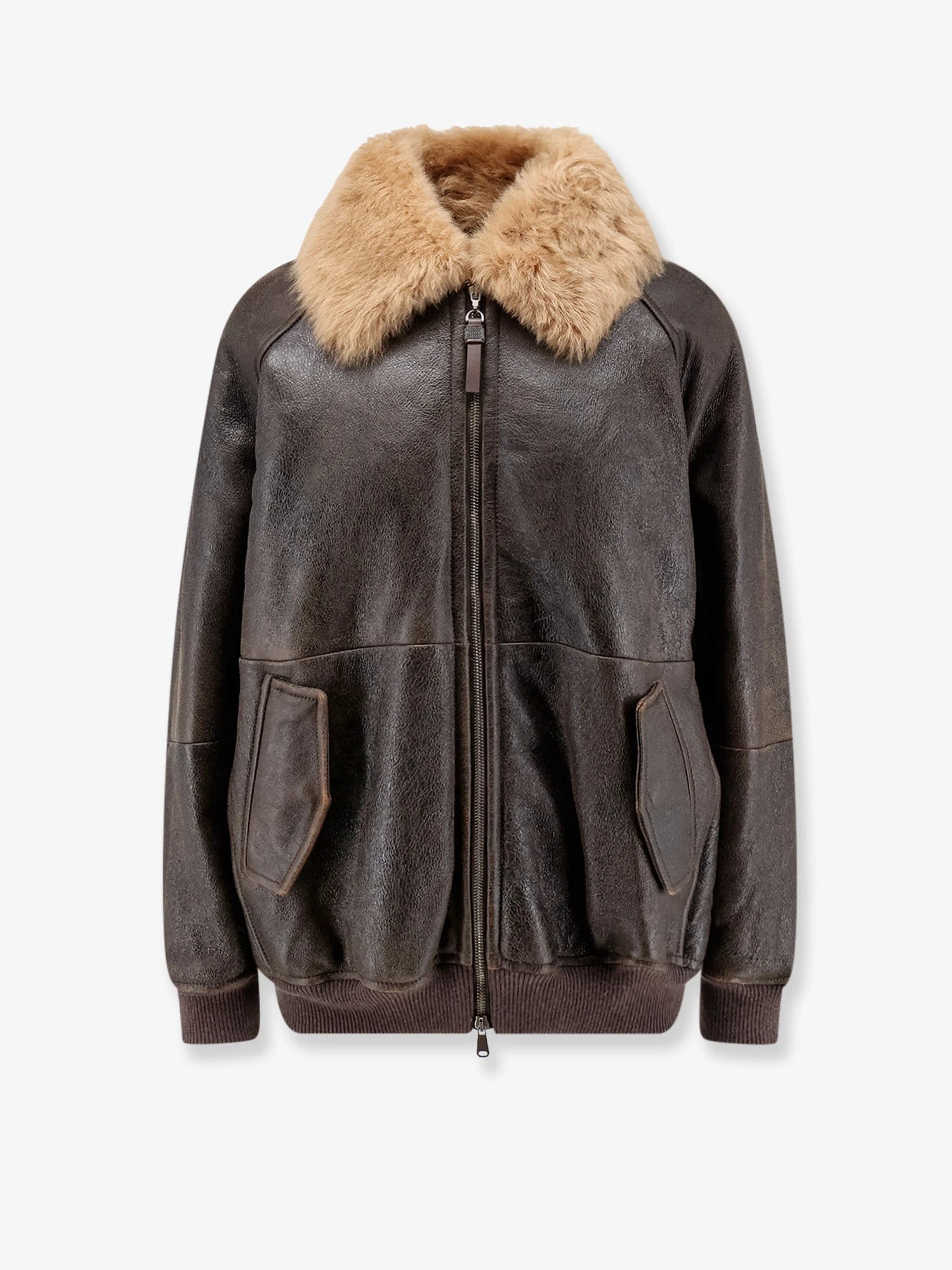 Leather jacket with shearling collar.webp