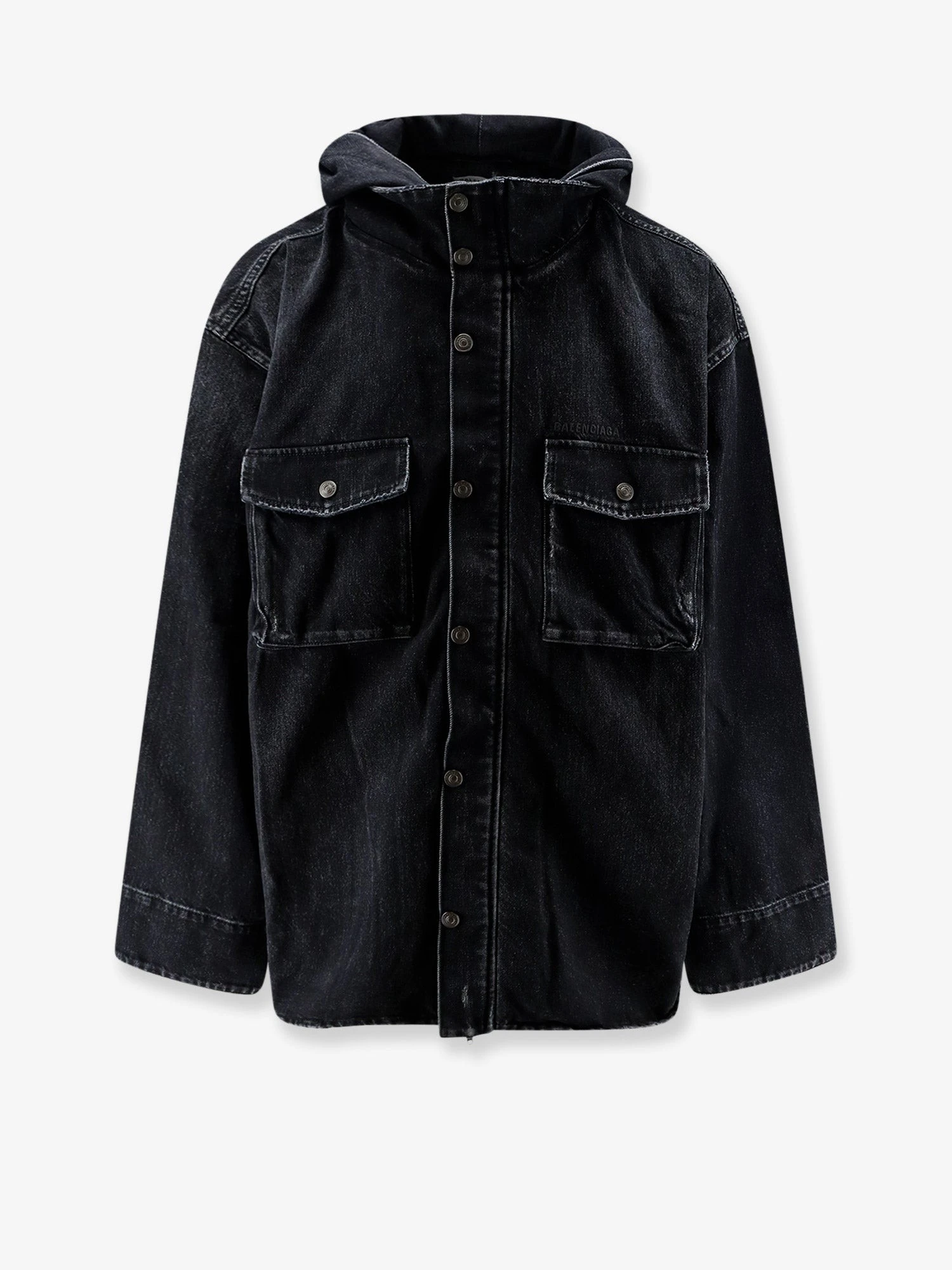 Black denim jacket with embroidered logo on the front.webp