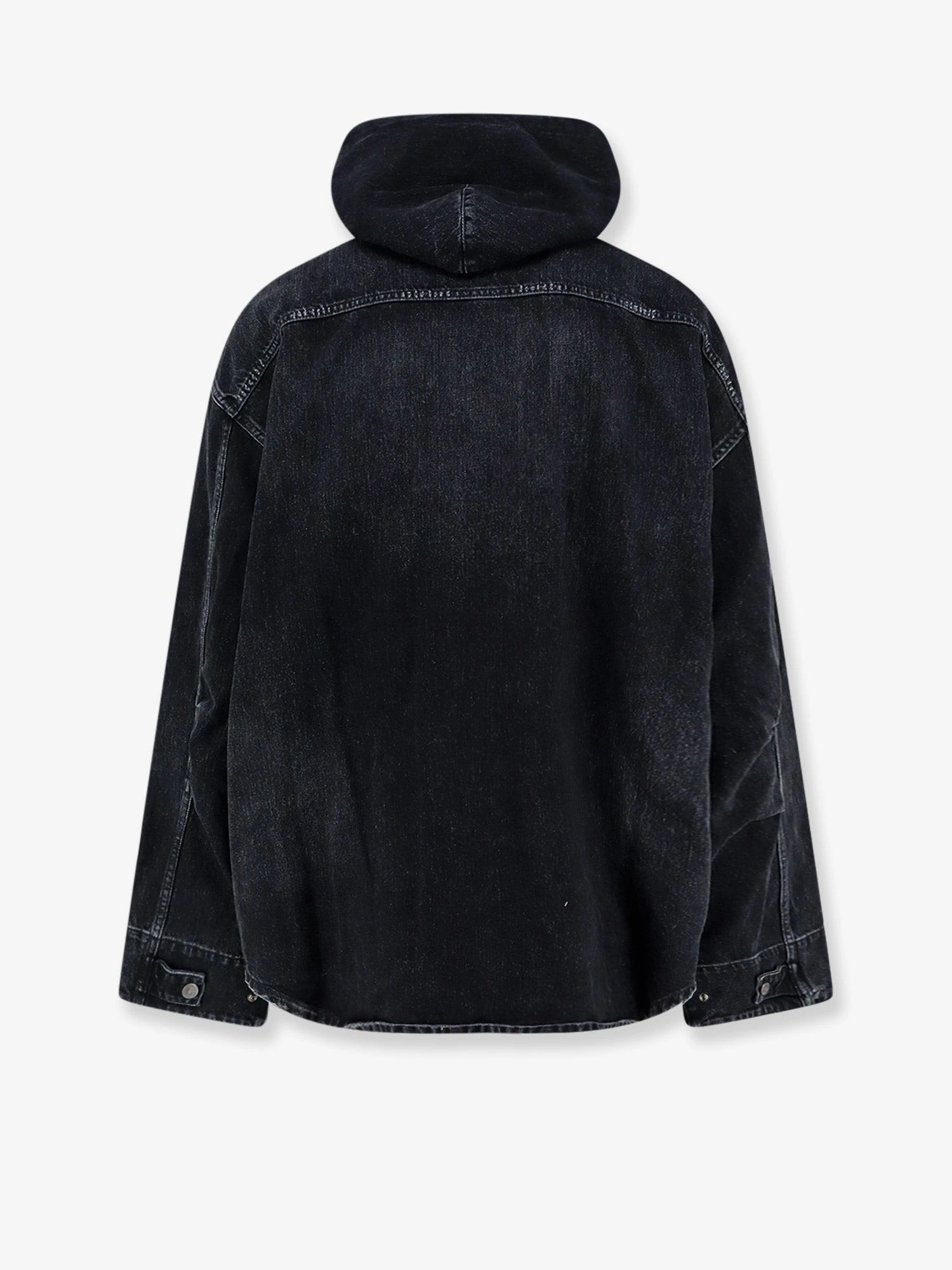 Black denim jacket with embroidered logo on the front.webp